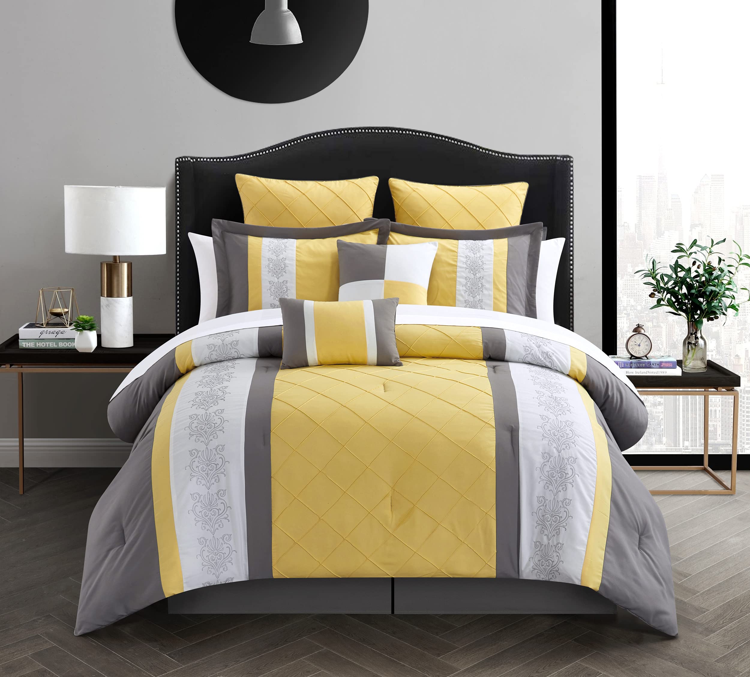 Chic Home 8-Piece Embroidery Comforter Set King Size - Livingston Yellow Luxury Bedding Collection | Perfect for Master Bedroom, Guest Room & Hotel Decor