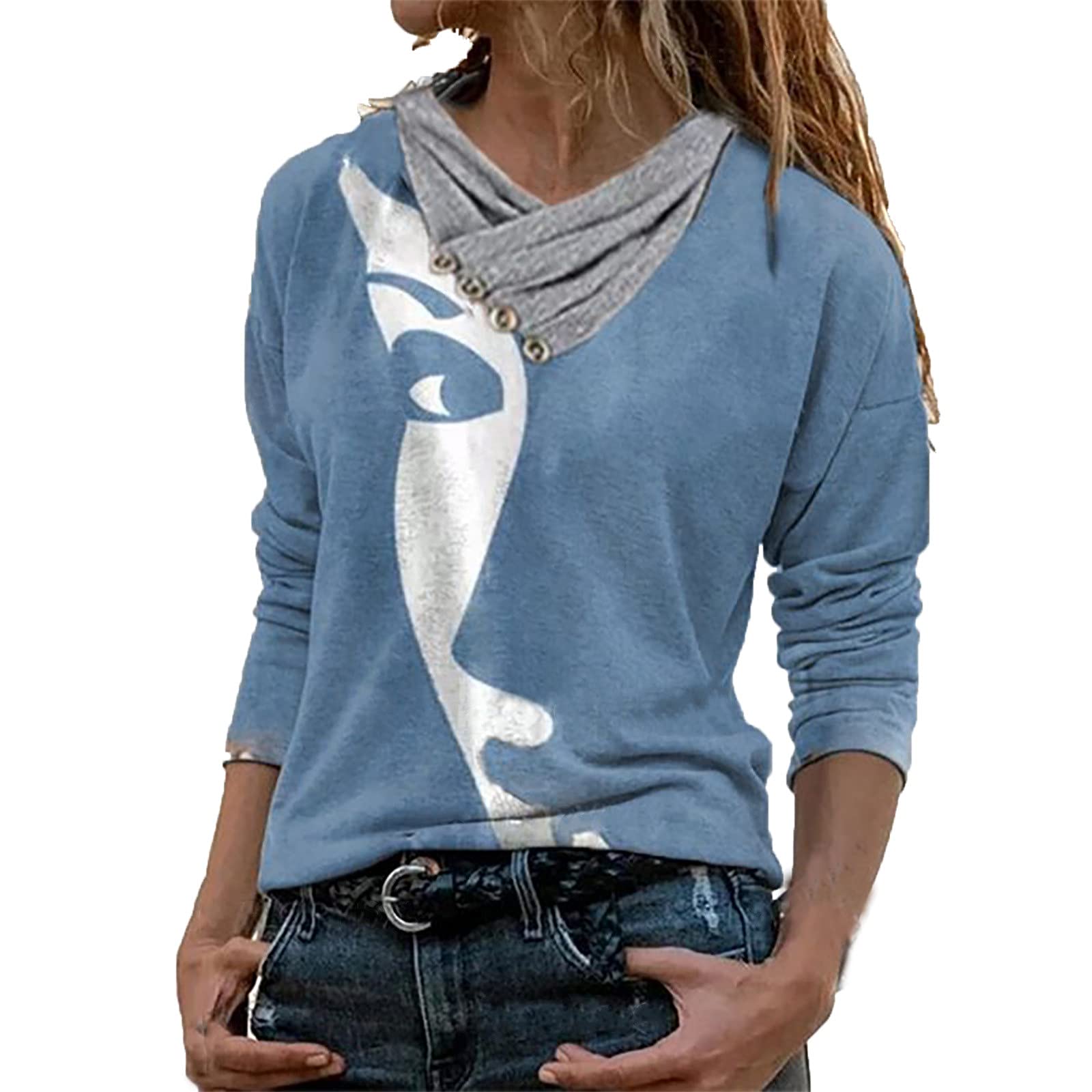 FMCHICO Women's Retro Printed Pullover Blouse - Cross V-Neck Button Down Long Sleeve Shirt for Casual Wear, Office & Date Night Outfits
