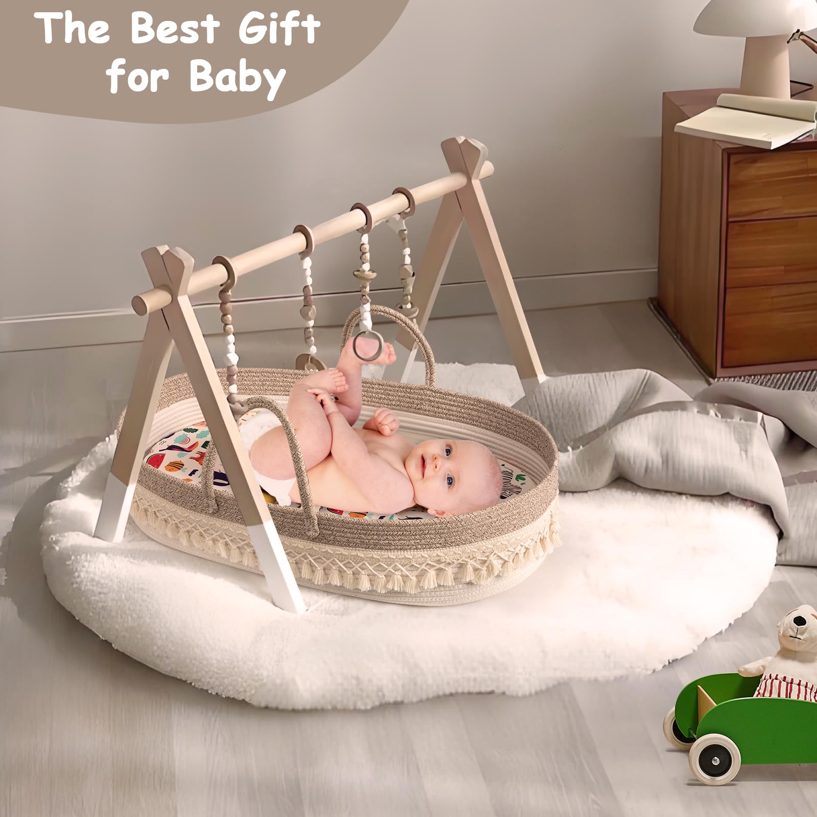 **Boho Baby Changing Basket with Diaper Caddy – Waterproof Moses Basket for Newborns, Baby Dresser Organizer with Cartoon Changing Pad & Storage Bag – Perfect for Nursery, Diaper Changing Station & Baby Shower Gifts**