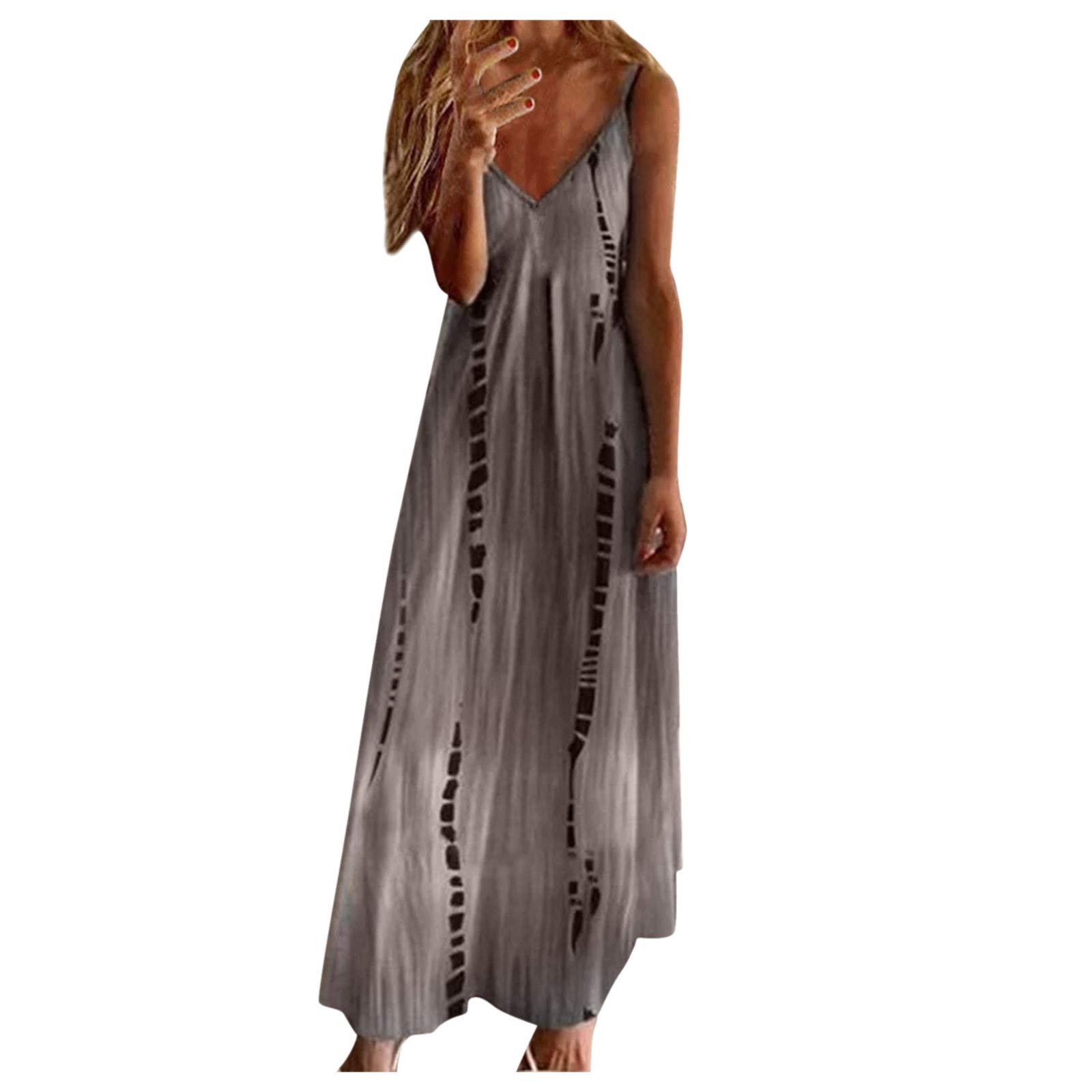 Sexy Backless Halter Maxi Dress for Women - Tropical Print Summer Beach Dress, Sleeveless Plus Size (Grey, XXL) | Perfect for Vacations, Pool Parties & Date Nights