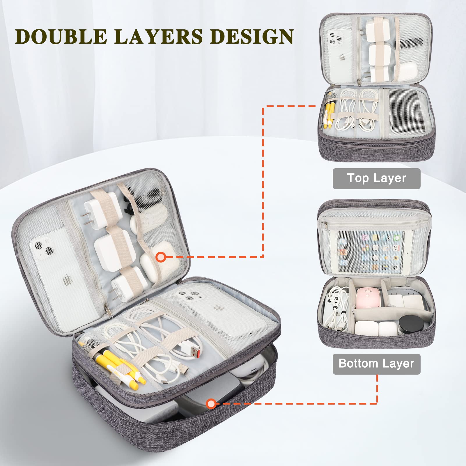 FYY Waterproof Electronic Organizer Travel Case - Double Layer Cable Organizer Bag for Chargers, Cords & Tech Accessories | Perfect for Travel, Office & Home Organization (Grey)
