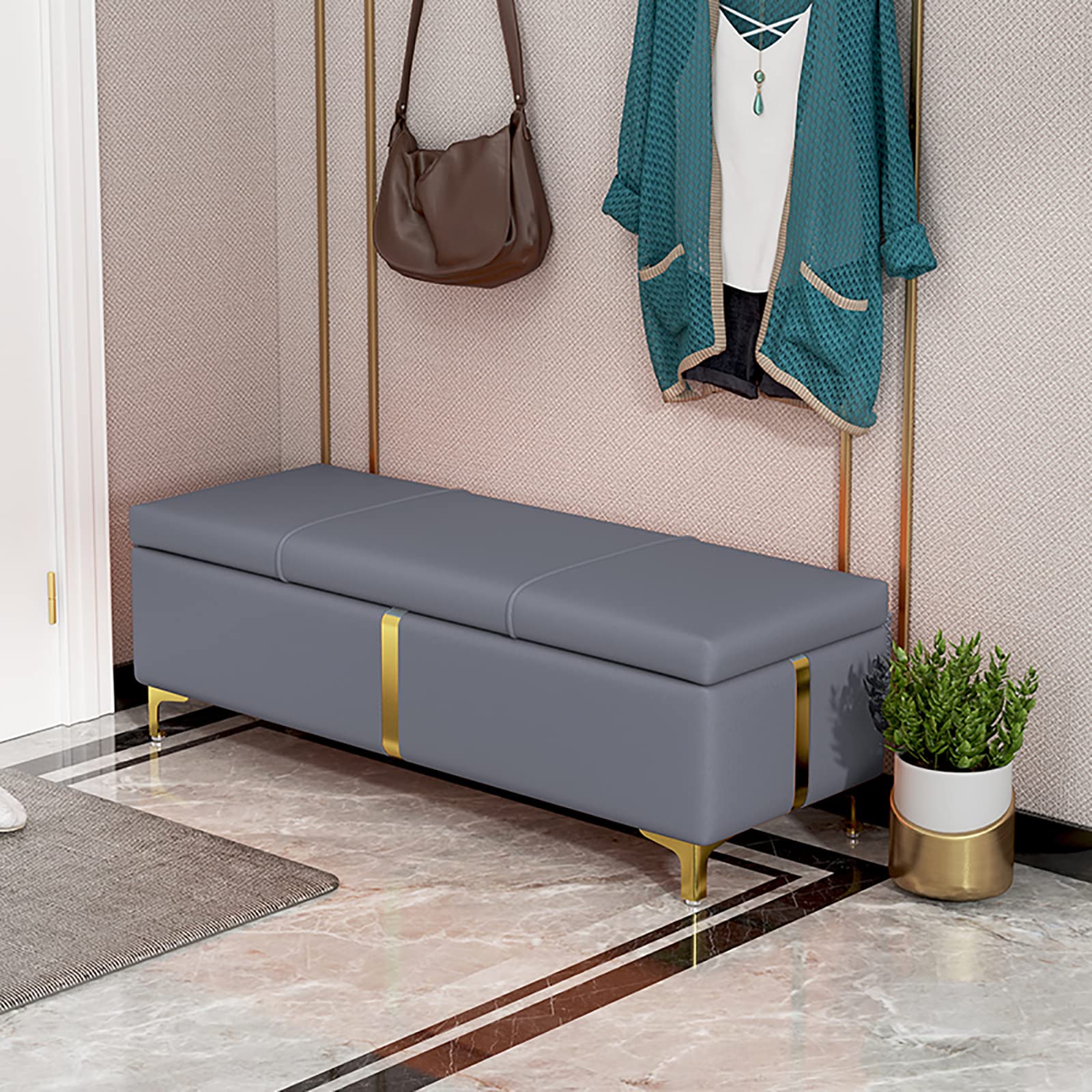 Modern Lift-Top Storage Ottoman Bench - Dark Gray Upholstered Shoe Bench for Living Room & Entryway (60x40x42cm/24x16x17in) | PU Leather Rectangle Footrest Stool with Hidden Storage | Perfect for Bedroom, Hallway & Shoe Organization