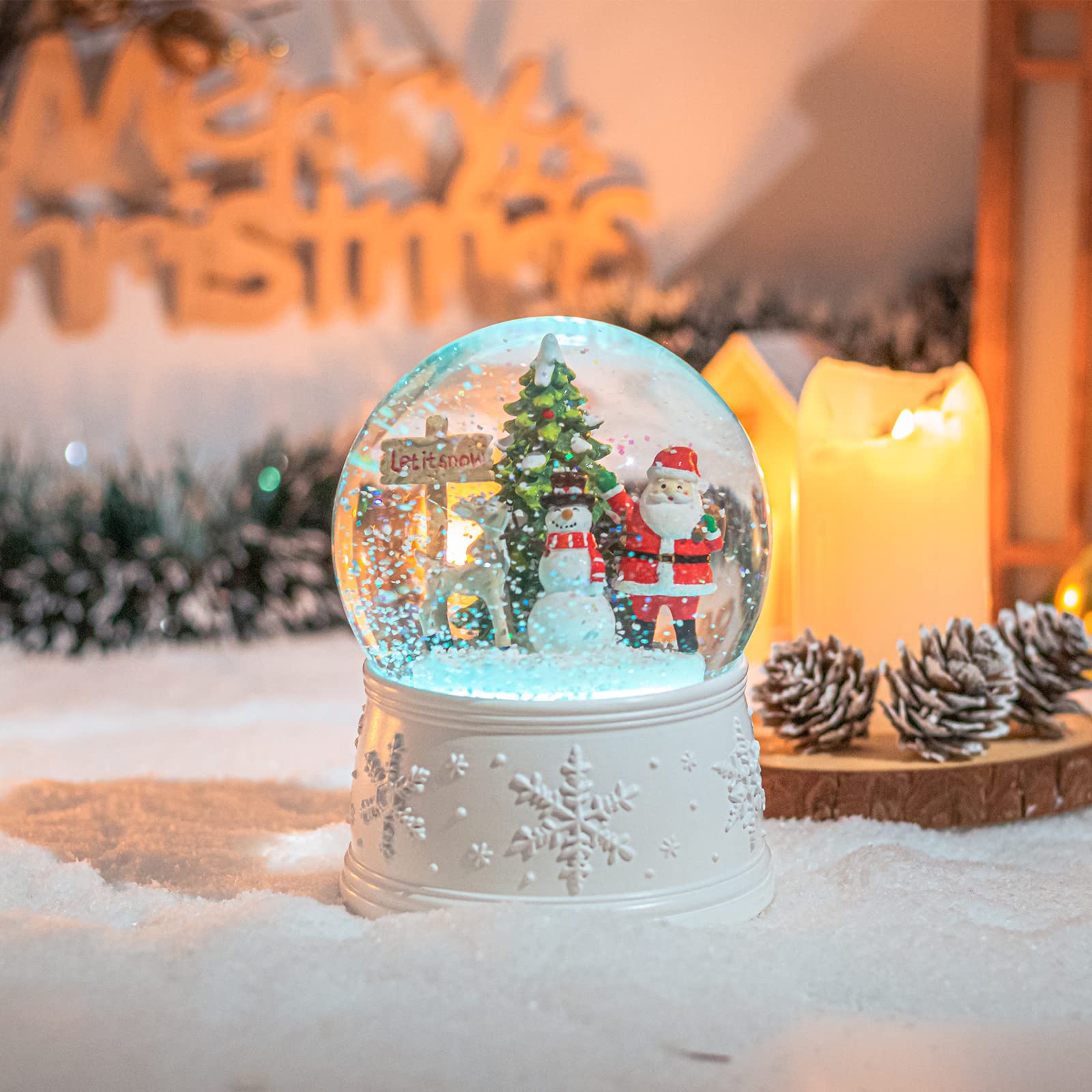 Vipush Christmas Snow Globe - Snowman Santa Musical Snow Globe with Color Changing LED Lights & Music Box, Holiday Decor for Kids Girls (Perfect for Christmas Tree Decorations, Gift Giving & Birthday Party Decor)