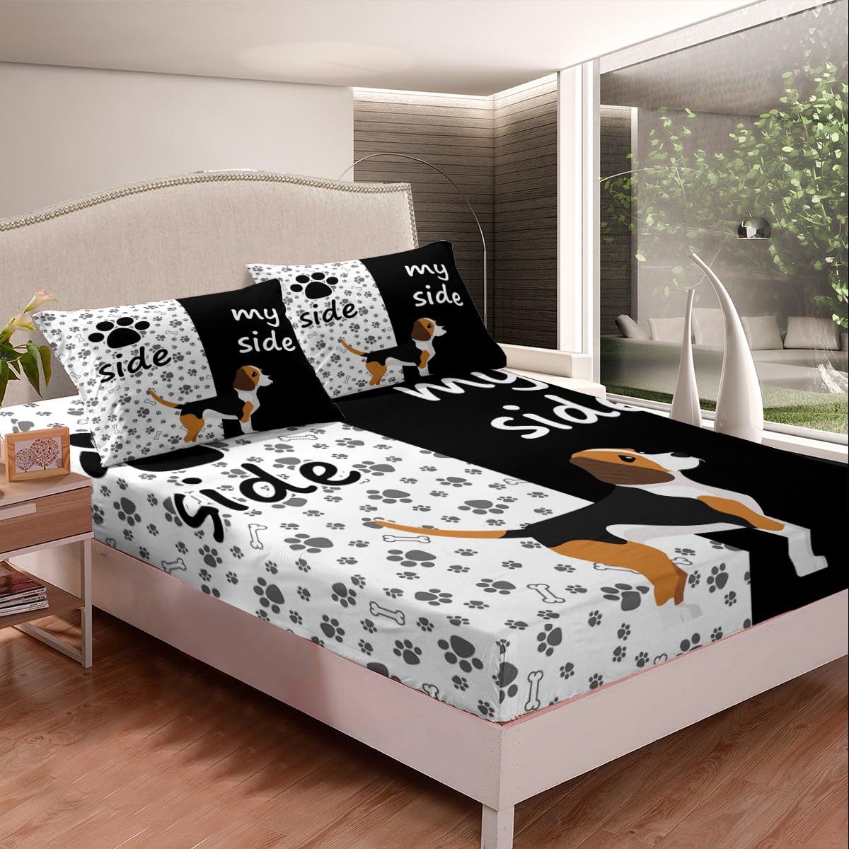 Erosebridal Cute Dog Paw Print Queen Size Bed Sheet Set - Black & White Puppy Bones Design for Kids, Boys & Girls | Soft & Comfortable Animal Themed Bedding Includes Fitted Sheet, Flat Sheet & 2 Pillowcases | Perfect for Pet Lovers' Bedroom Decor & Cozy Sleep