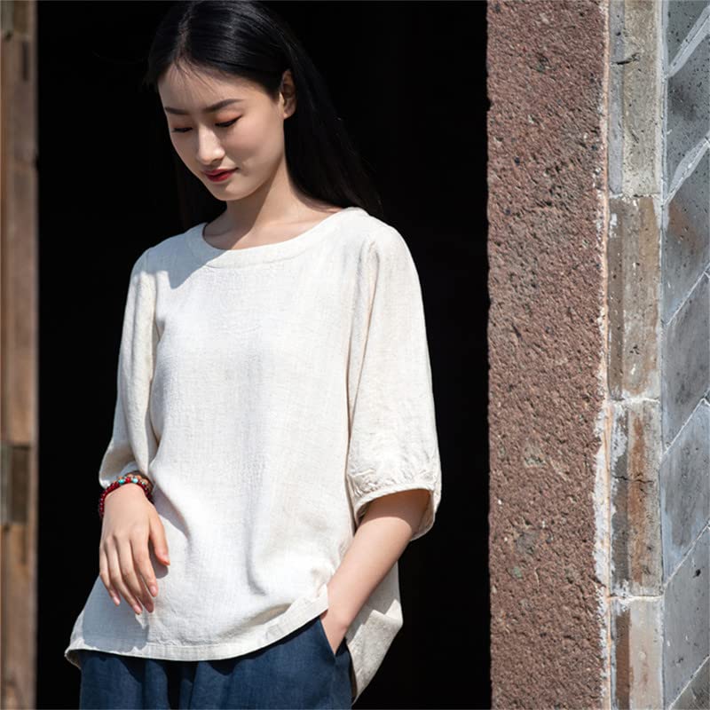 Shanghai Story Women's Vintage O-Neck Blouse - Cotton Linen Half Sleeve Chinese Style T-Shirt Top for Casual Wear, Office & Summer Outfits