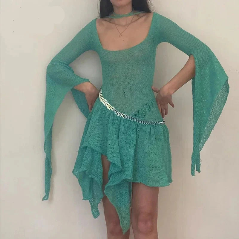 Y2K Blue Knit Sweater Dress with Asymmetrical Flare Sleeves | 2000s Aesthetic Fall Dress for Women | Trendy Short Dress for Casual Outings, Date Nights & Streetwear Fashion 2024