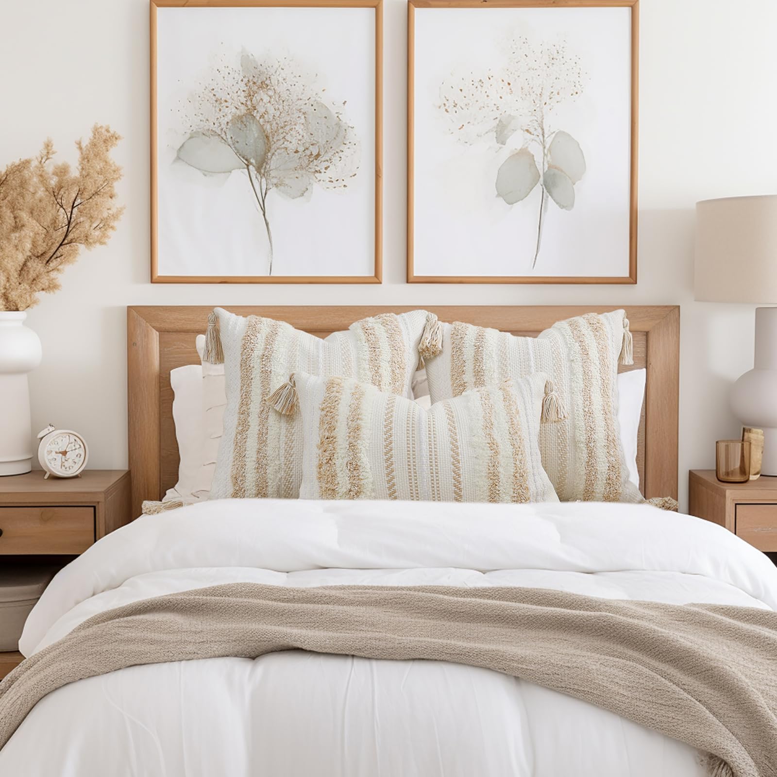 Boho Throw Pillow Covers 20x20 Set of 2 - Neutral Textured Tufted Decorative Pillow Covers for Couch, Bed, Sofa & Living Room - Striped Khaki and Cream White - Perfect for Bohemian Home Decor & Cozy Interior Styling