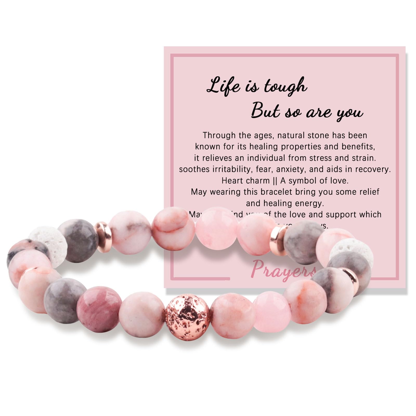Natural Stone Healing Relaxation Bracelets for Women - Get Well Soon Gifts After Surgery or Illness - Soothing Bracelet with Meaningful Message Card & Gift Box (Pink Zebra) - Perfect for Recovery, Stress Relief & Positive Energy