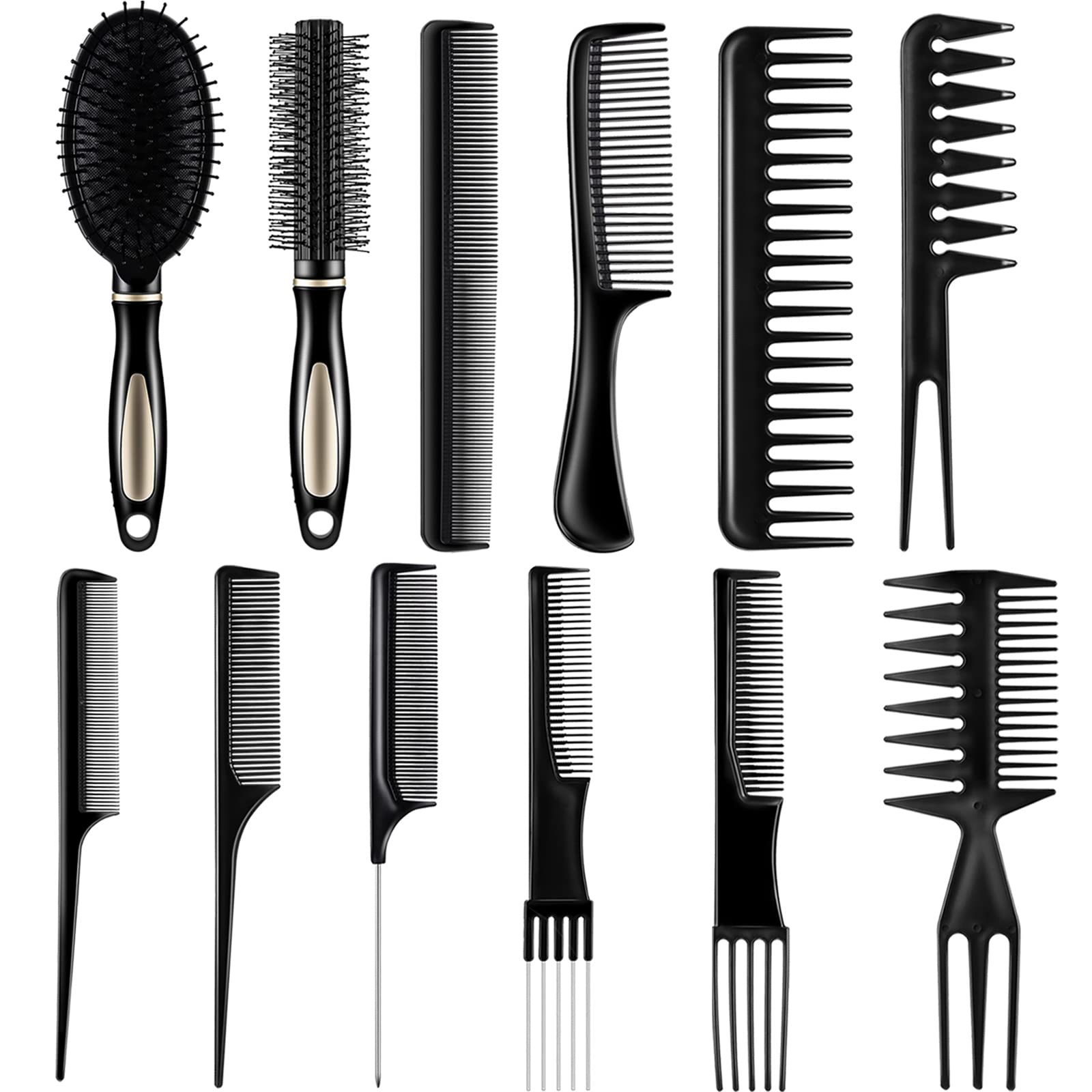 12-Piece Hair Brush Comb Set with Paddle, Detangling, Airbag Massage & Roller Brushes - Styling Combs for Wet, Dry, Curly & Straight Hair (Black) - Perfect for Salon, Home & Travel Hair Care