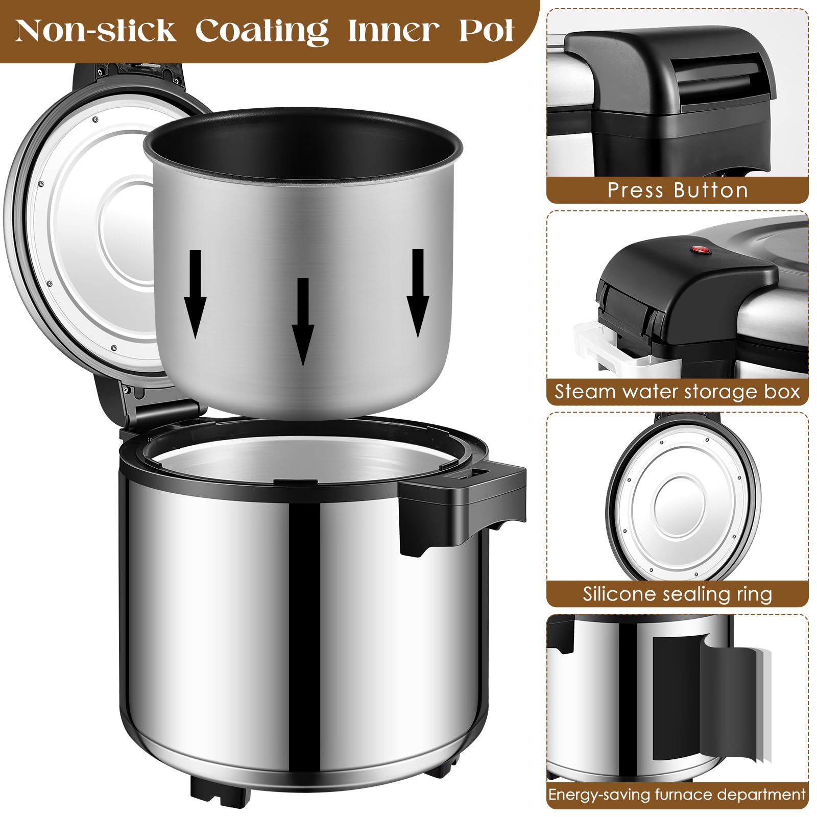 100 Cup Commercial Electric Rice Warmer - Stainless Steel Food Warmer with Spoon & Warm Function - Heavy Duty 100W Rice Cooker for Restaurants, Catering, Buffets & Party Events - Perfect for Banquets, Cafeterias & Large Gatherings
