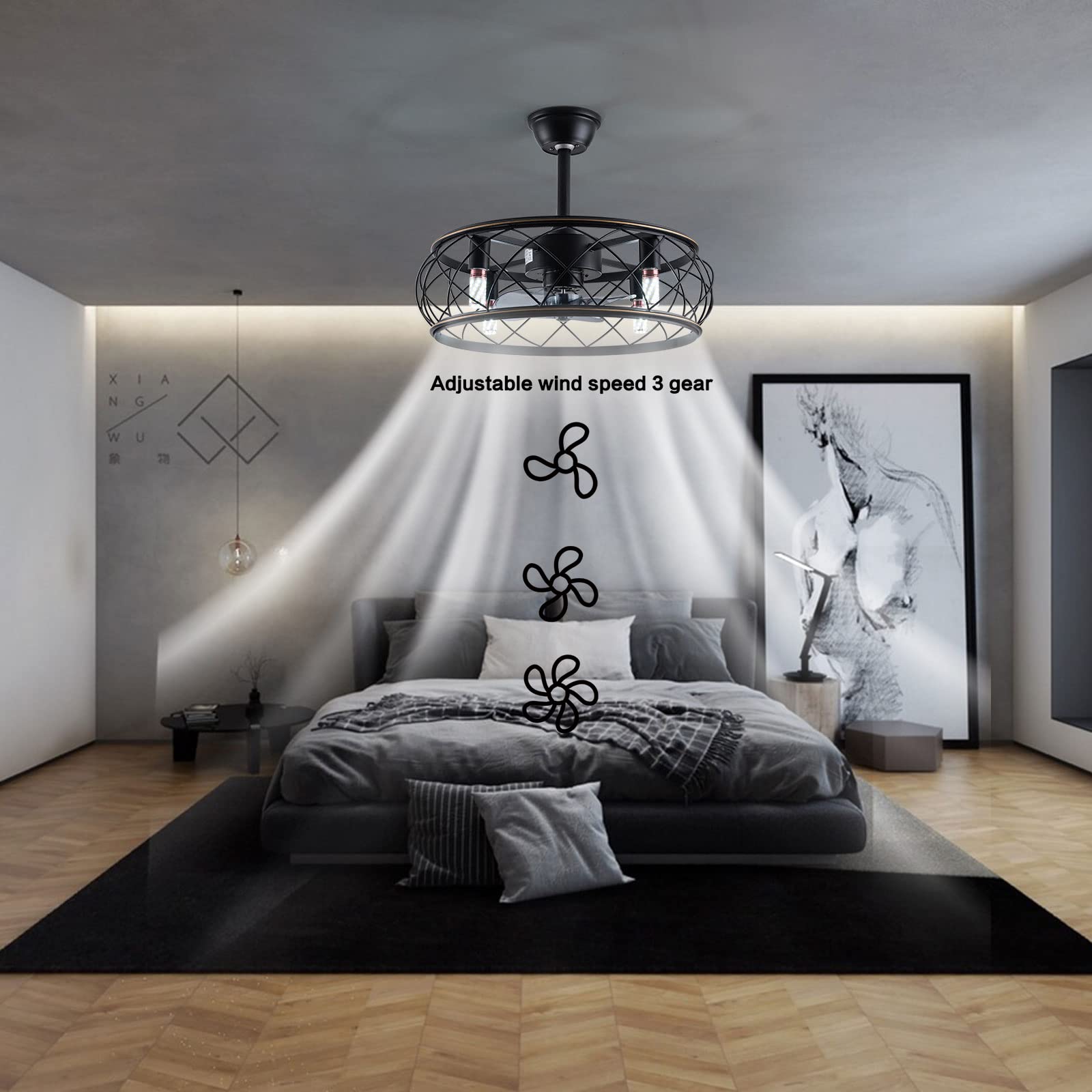OUKANING 18 Inch Black Caged Ceiling Fan with Light Remote Control - Enclosed Farmhouse Ceiling Fan Lighting Kit, 3 Speed Settings, 4 E27 Bulb Bases, Includes 2 Downrods & Timer - Perfect for Living Room, Bedroom, or Patio