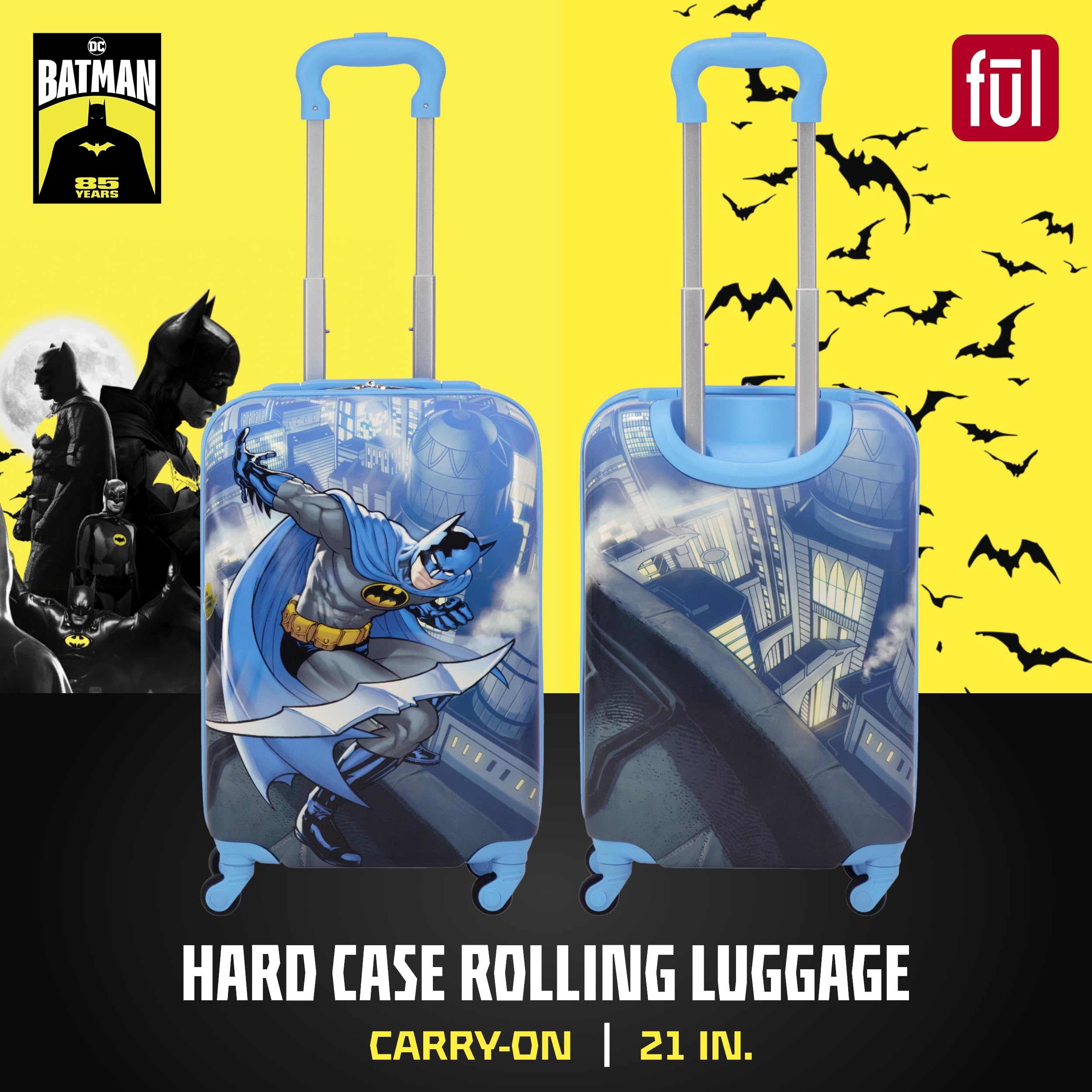 DC Comics Batman 21 Inch Hardshell Rolling Carry-On Luggage for Kids - Unisex Blue Spinner Suitcase with Wheels | Perfect for Air Travel, School Trips & Family Vacations