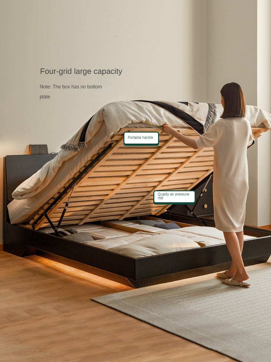 Solid Oak Wood Floating Platform Bed with LED Lights - Modern Smoky Finish for Bedroom, Guest Room, or Studio Apartment