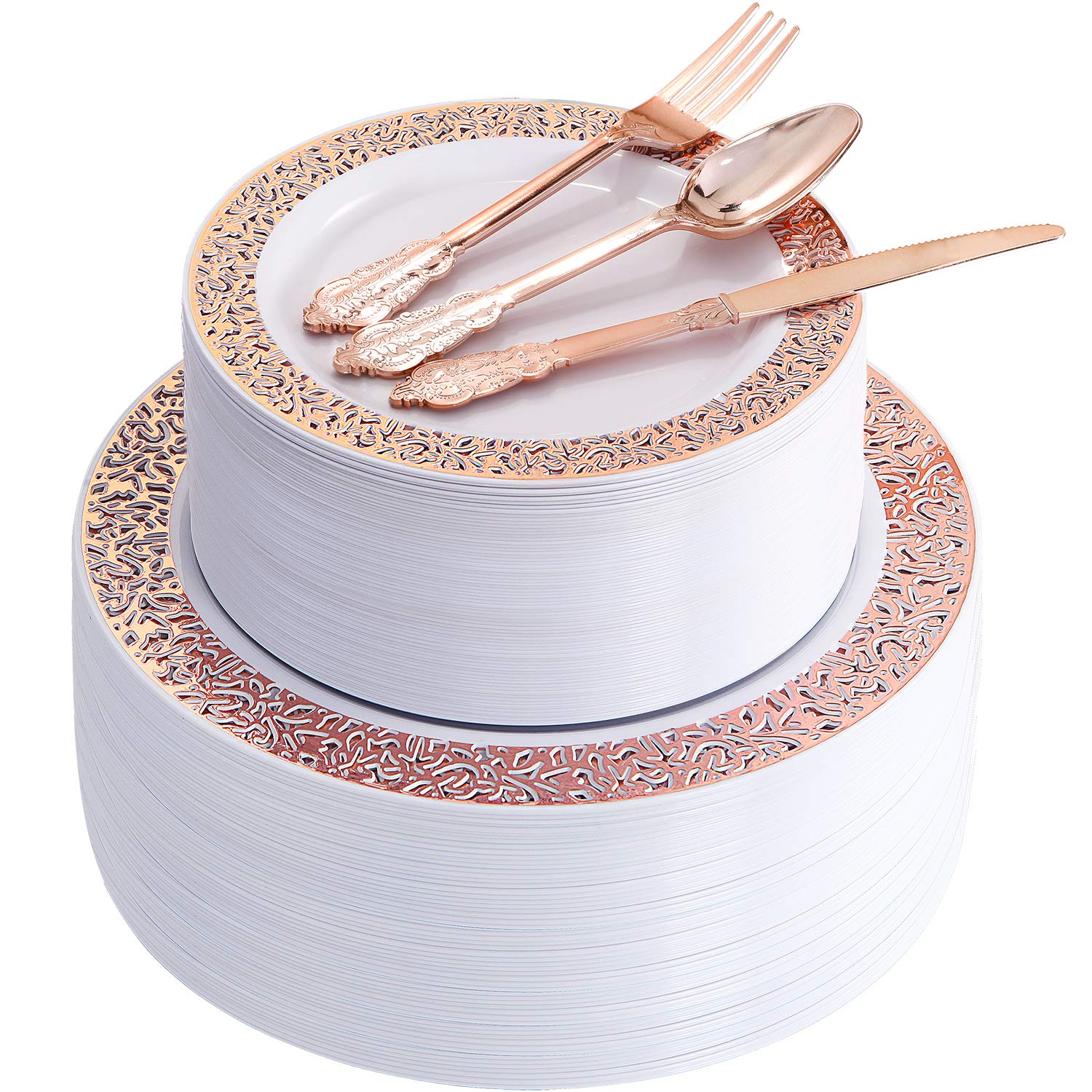 Supernal 300-Piece Rose Gold Plastic Dinnerware Set - 60 Dinner Plates, 60 Salad Plates, 60 Forks, 60 Knives, 60 Spoons - Elegant Disposable Tableware for Parties, Weddings, Picnics & Outdoor Events