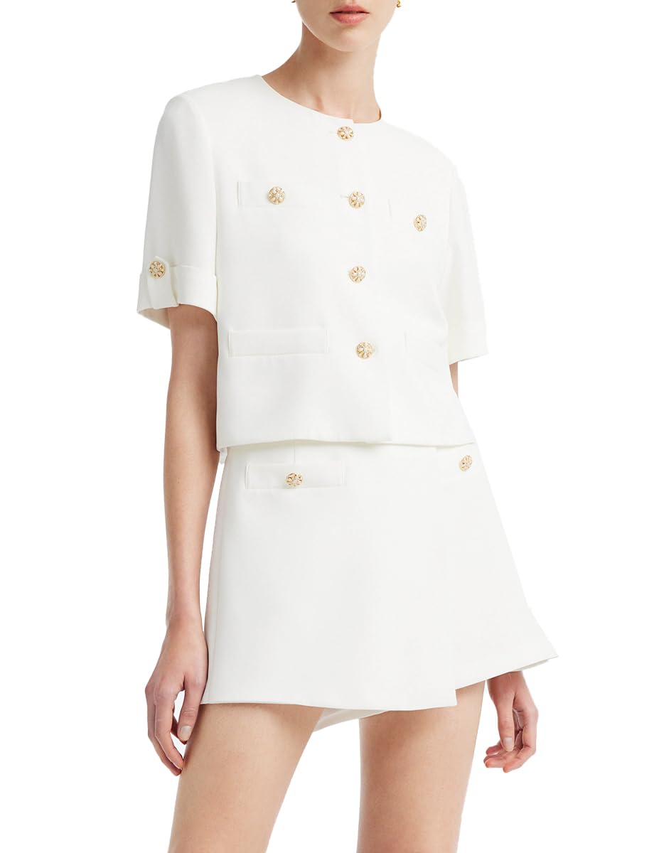 Women's 2 Piece Suit Set - White Acetate Short Sleeve Blazer Jacket & Skirt Shorts | Business Casual Outfits for Office, Work & Professional Events