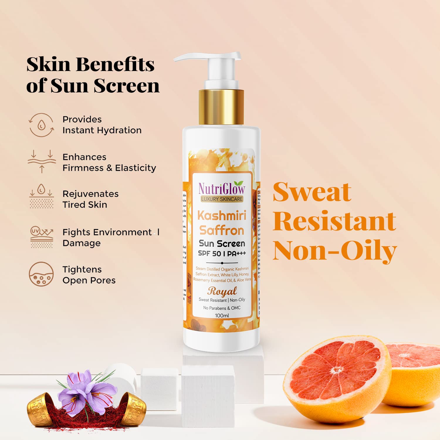 NutriGlow Luxury Skincare Kashmiri Saffron Face Toner with Aloe Vera & SPF 50 PA+++ | pH Balancing, Brightening, Blemish Treatment | 100ml (Pack of 2) | Perfect for Daily Hydration & Sun Protection