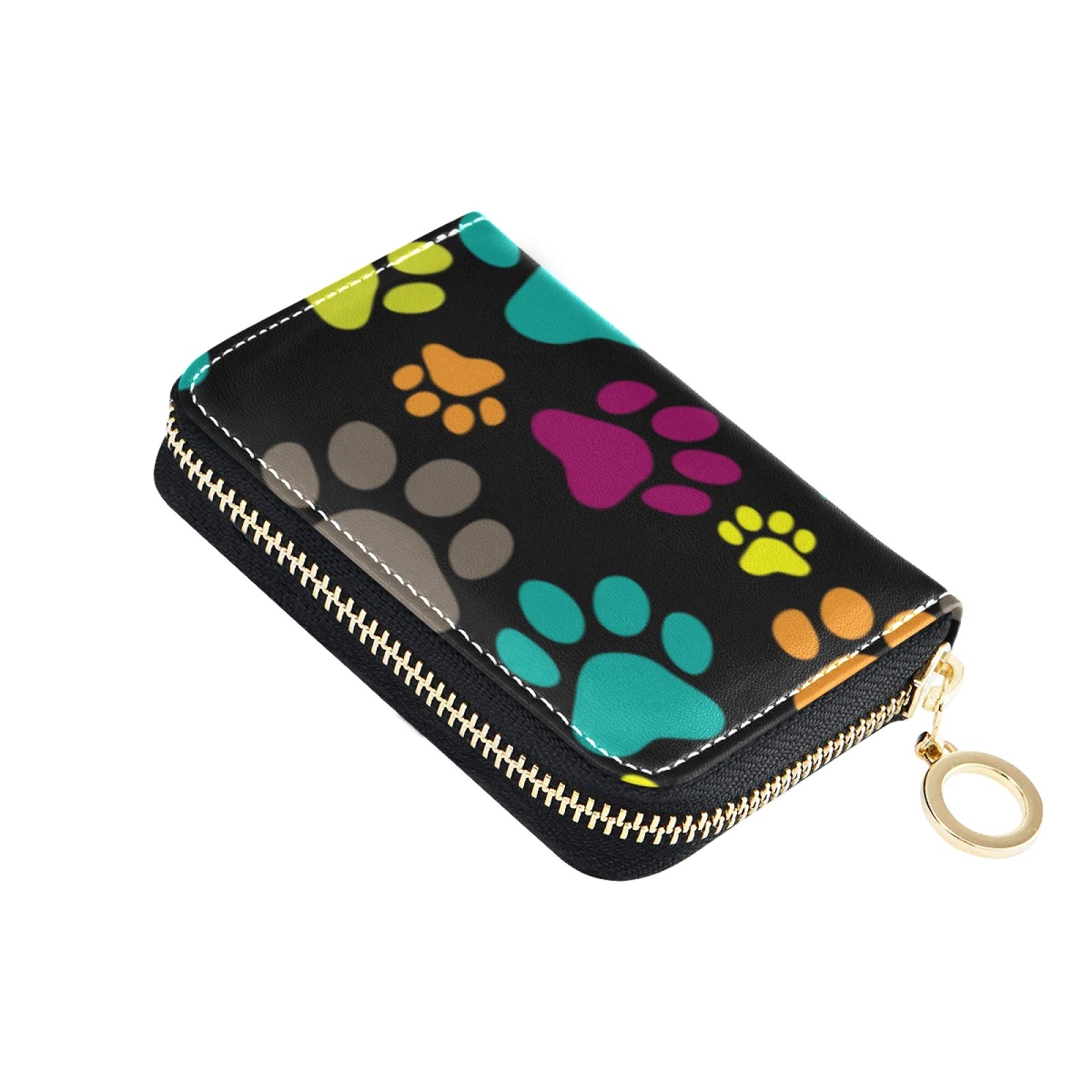 RFID Blocking Credit Card Holder Wallet for Women - Microfiber Leather Zipper Card Case with Colorful Dog Paw Design | Perfect for Travel, Shopping & Everyday Use