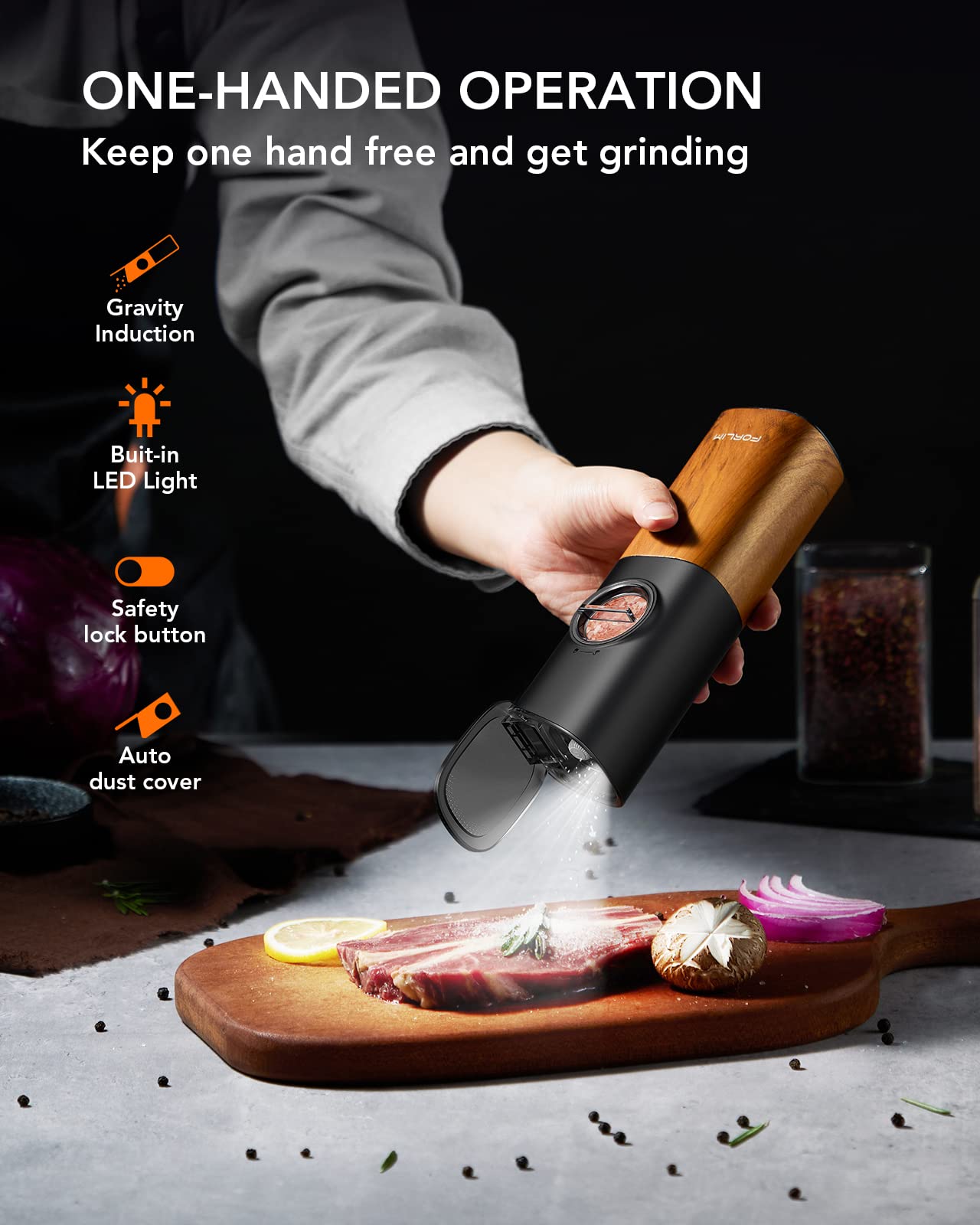 FORLIM Gravity Electric Salt and Pepper Grinder Set - USB Rechargeable, Large Capacity, Adjustable Coarseness, One-Hand Operation with LED Light (Natural Wood Grain) - Perfect for Kitchen, Dining Table, Camping & Gifts
