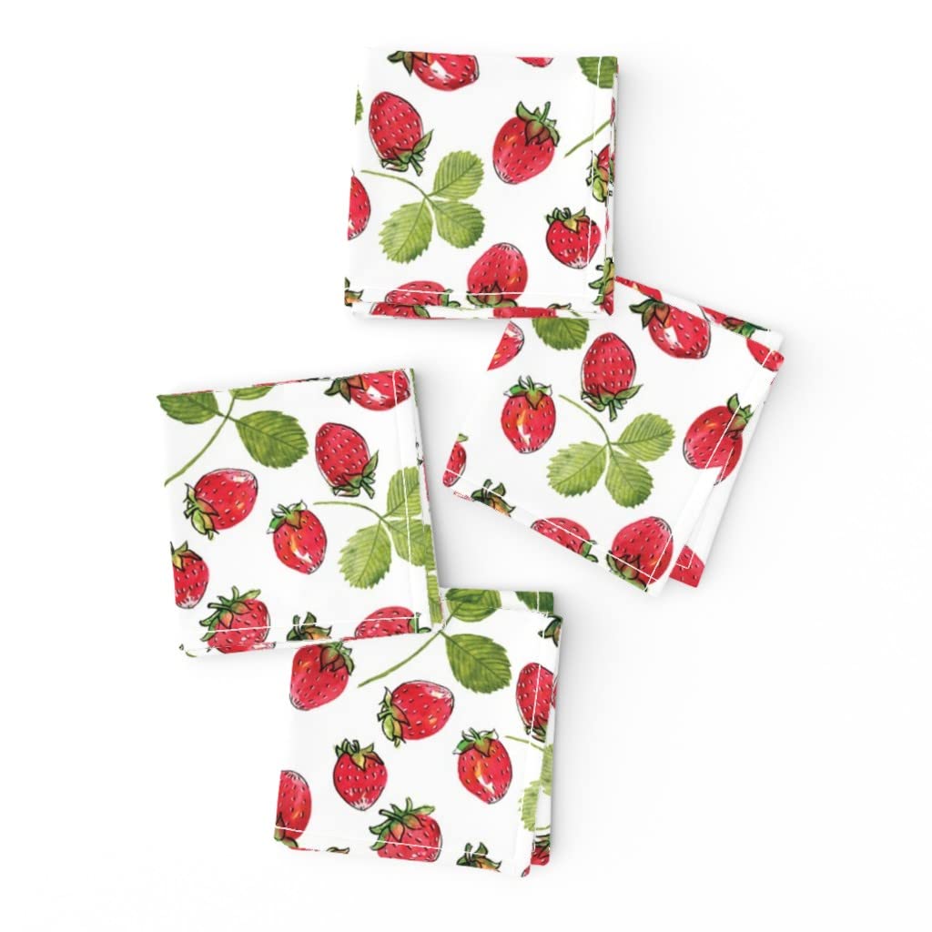 Strawberry Watercolor Print Linen Cotton Cocktail Napkins Set of 4 - Summer Berries Kitchen & Garden Decor, Perfect for Parties, Picnics & Home Entertaining