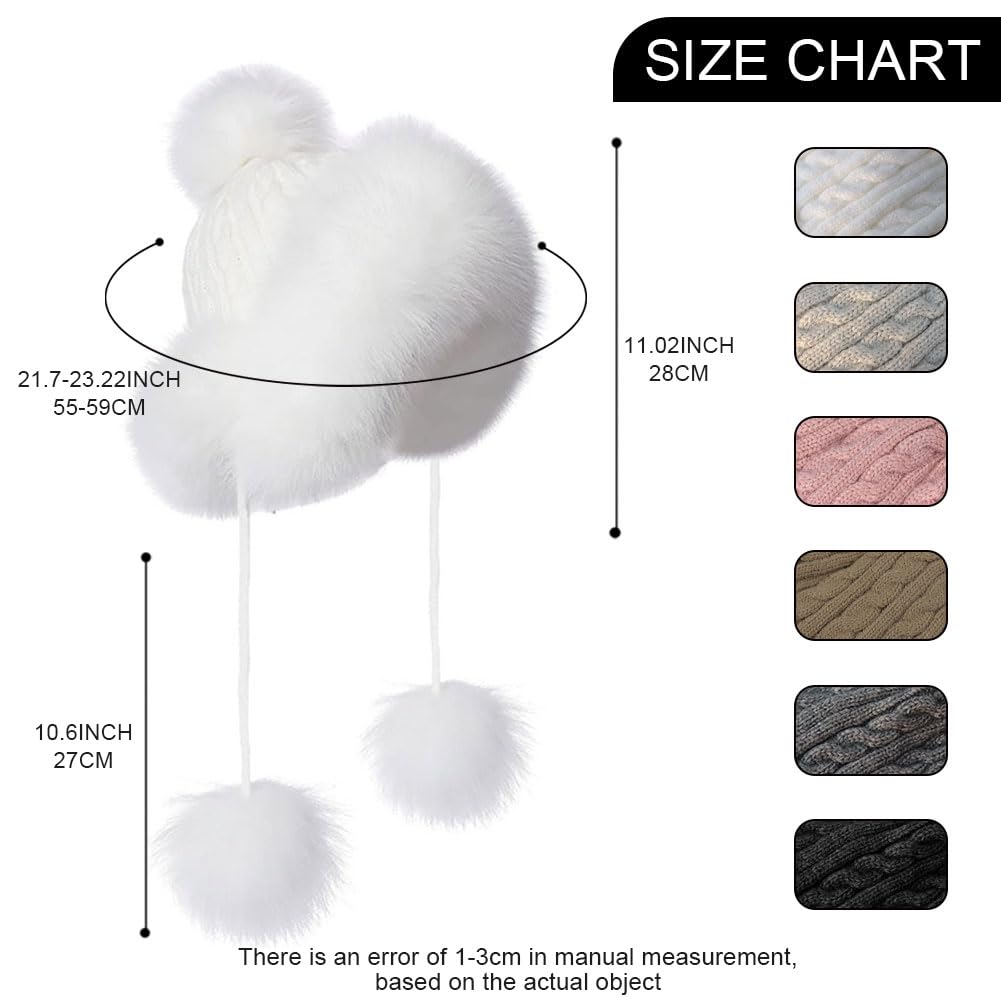 Rayson Women's Knitted Beanie with Ear Flaps & Faux Fur Pompom - Winter Warm Skull Cap with Fleece Lining for Skiing, Snowboarding & Outdoor Activities
