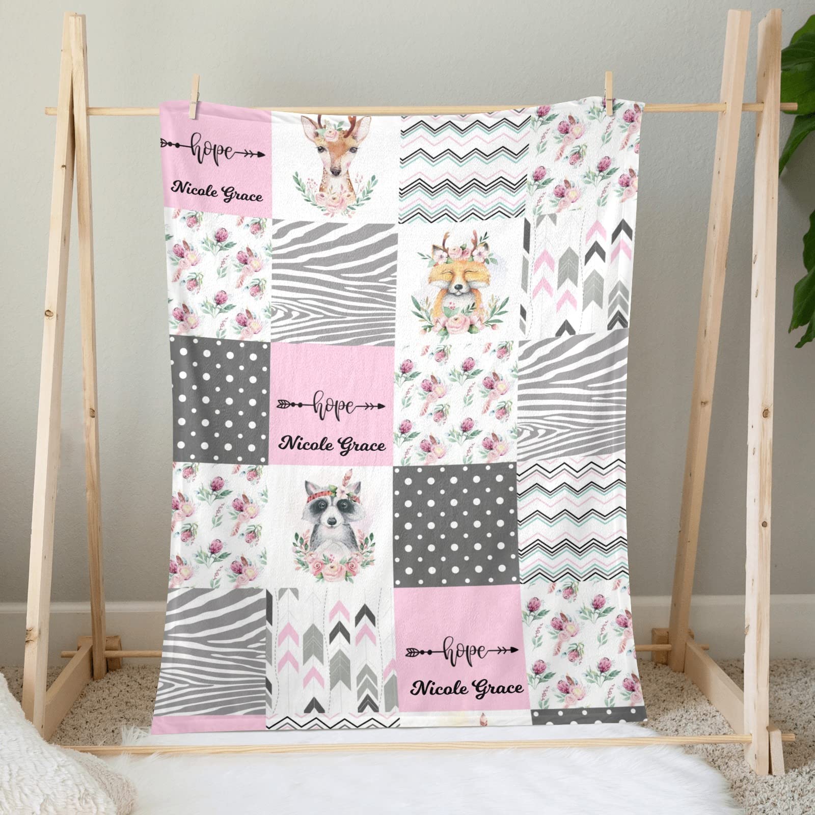Personalized Baby Blanket - Soft Floral Deer Raccoon Fox Patchwork Custom Blanket for Baby Shower, Toddler Nursery, Stroller & Crib - 30x40 Inch Cozy Blanket for Newborns, Infants & Kids - Perfect Gift for Baby Showers, Birthdays & Holidays