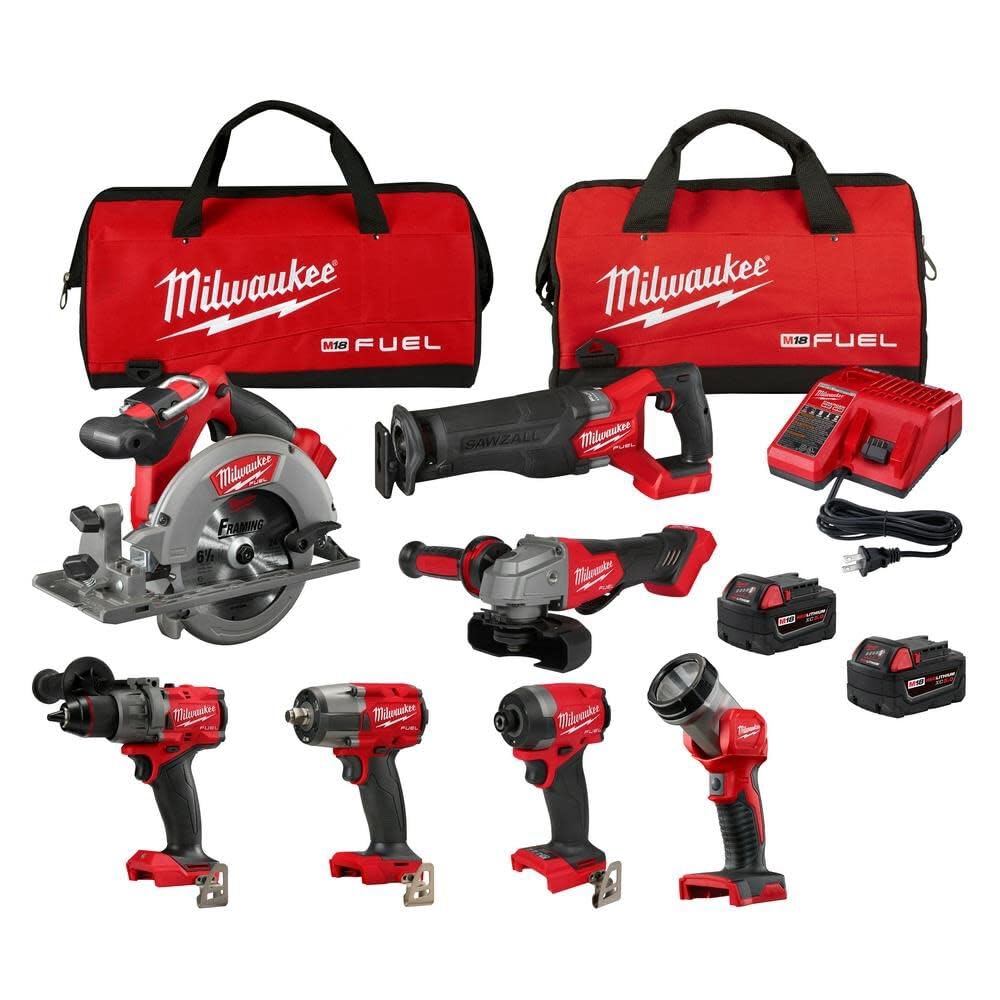 Milwaukee M18 FUEL 18V Brushless Cordless Power Tool Combo Kit with 2x 5.0Ah Batteries, Charger & Tool Bags (7-Piece Set) - Perfect for Construction, Woodworking, and DIY Home Improvement Projects