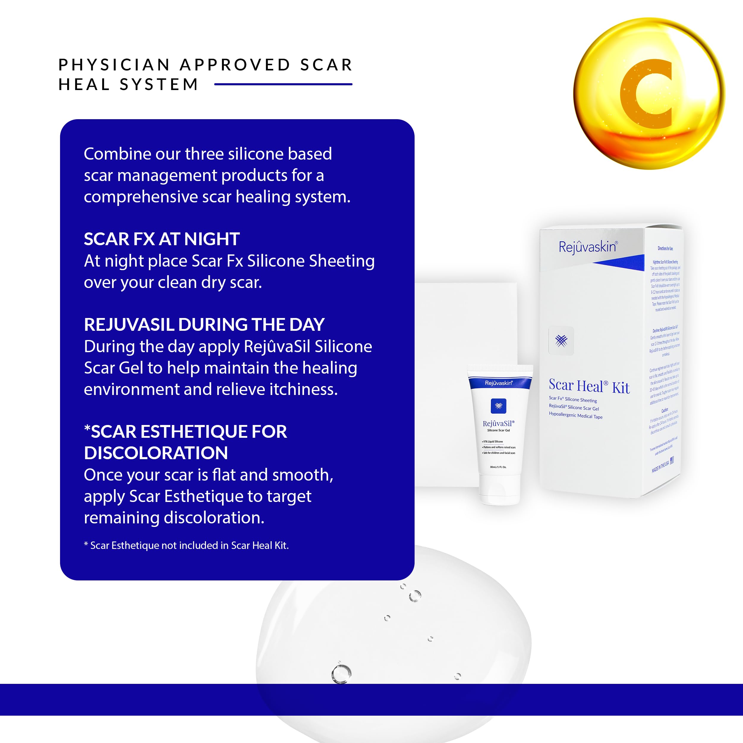 Rejuvaskin Scar Heal Kit for Abdominal Scars - Soften, Flatten & Reduce Scars with Silicone Sheeting, RejuvaSil Gel & Medical Tape (1