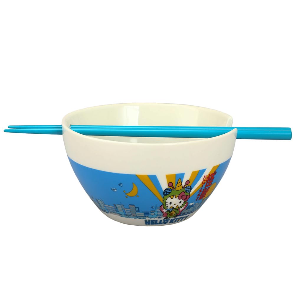 Hello Kitty Kaiju Ceramic 20 oz Ramen Bowl with Chopsticks - Cute Japanese Anime Themed Soup Noodle Bowl for Home Dining, Gift & Collectible - Perfect for Ramen, Udon, Pho & Asian Cuisine