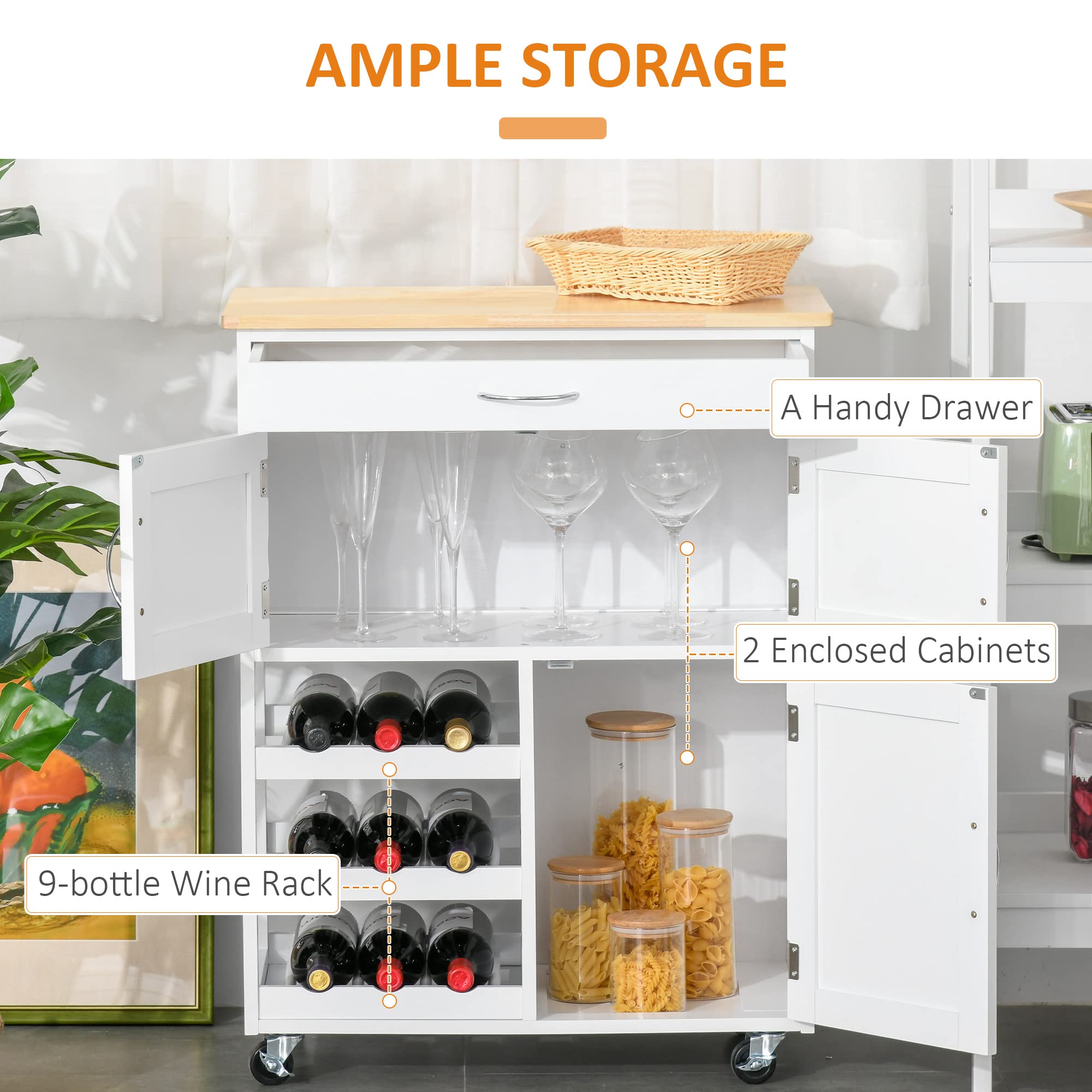 HOMCOM White Rolling Kitchen Island Cart with 9-Bottle Wine Rack, Wide Storage Drawer & Wooden Countertop - Mobile Bar Cart for Small Spaces, Kitchen Storage Solution for Apartments, Dorms & Entertaining