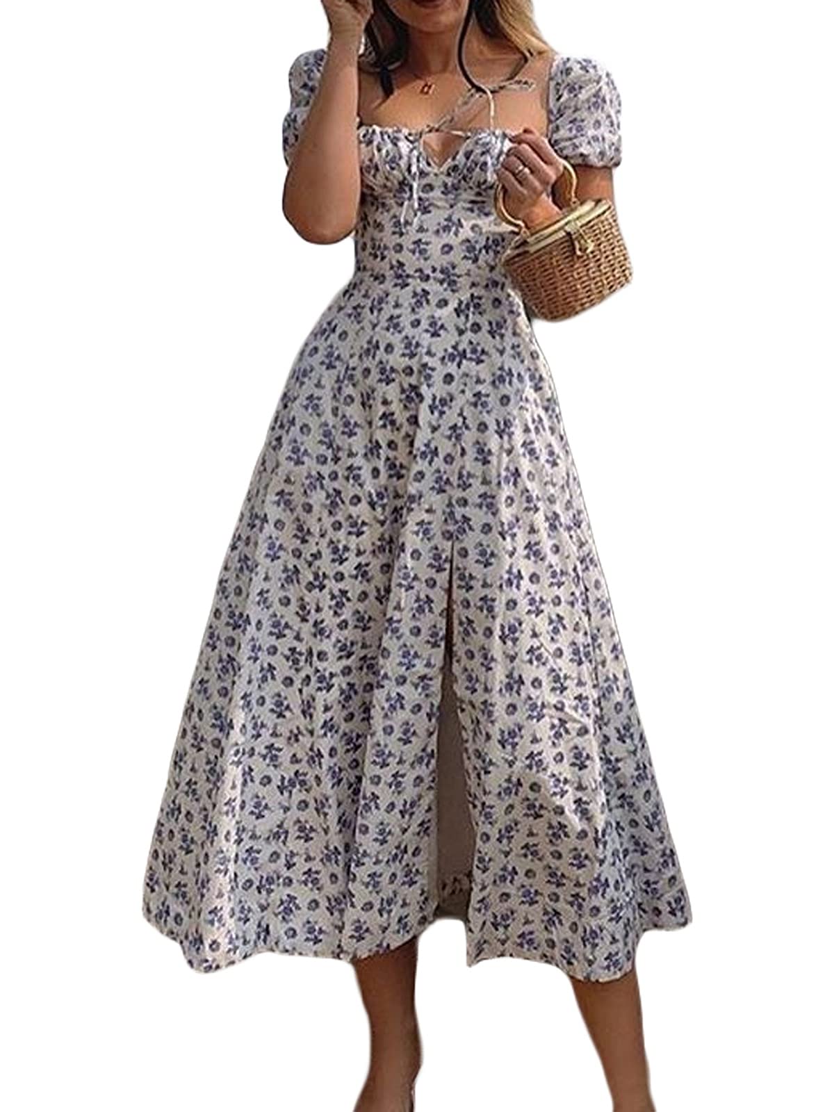 Boho Cottagecore Maxi Dress for Women - Vintage Floral Square Neck Puff Sleeve Long Dress with Side Slit | Perfect for Summer Festivals, Beach Vacations & Romantic Dates