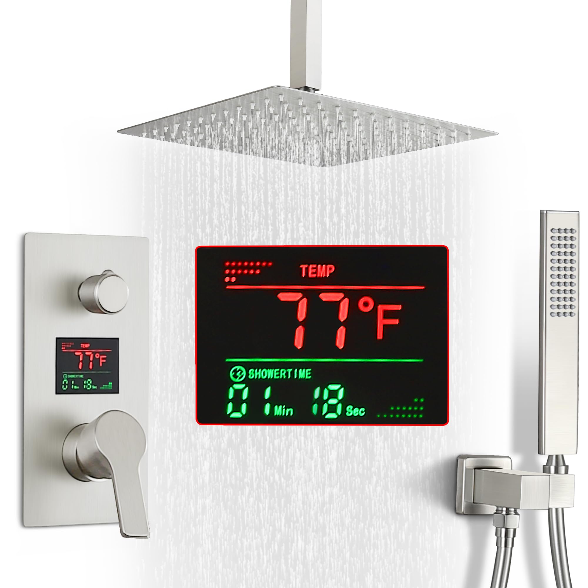 SKWOLL Brushed Nickel Shower Faucet Set - 12 Inch Ceiling Mount Rain Shower Head with Digital LCD Display & 2-Function Valve Kit | Modern Bathroom Upgrade for Spa-Like Experience