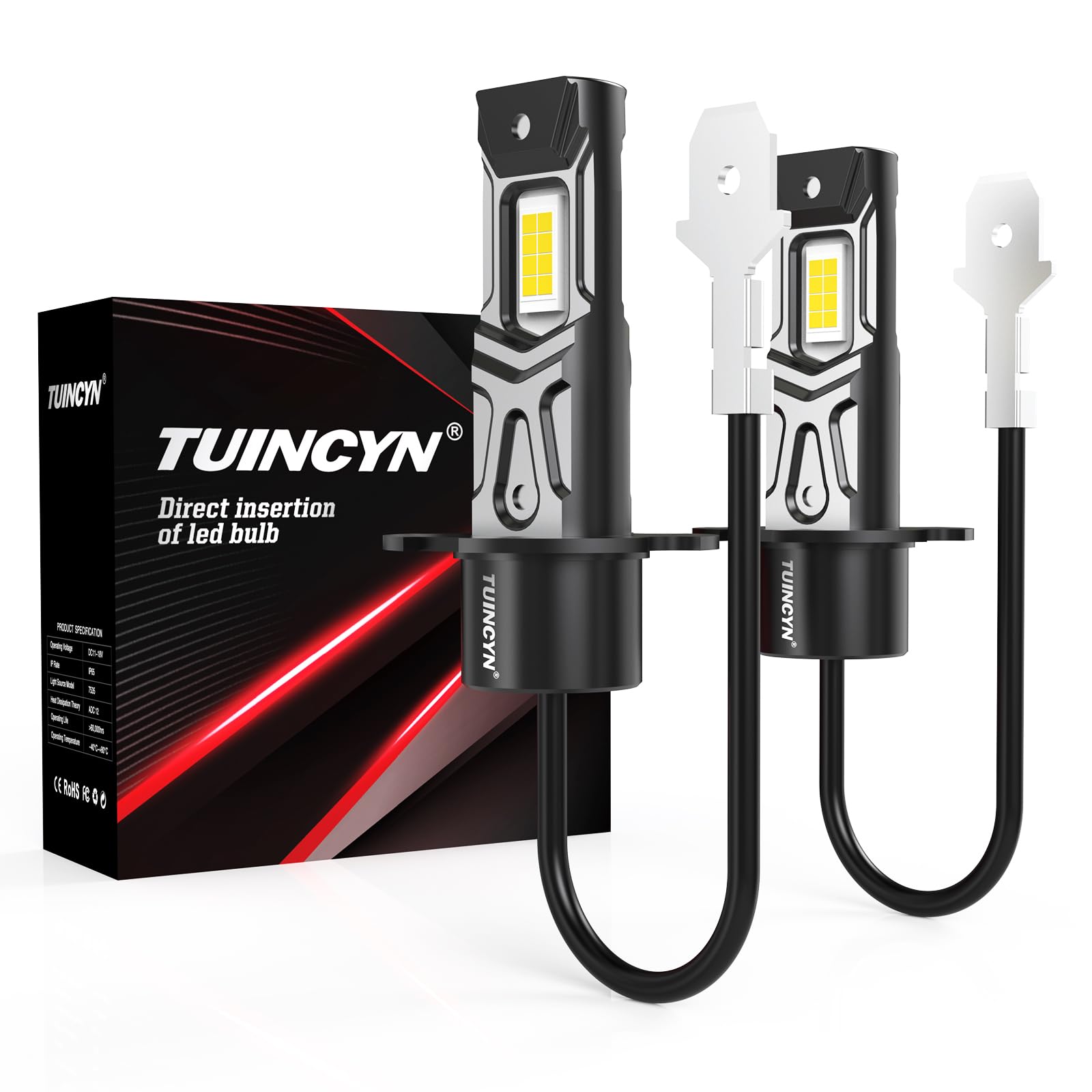 2024 Upgraded TUINCYN H3 LED Bulb - Super Bright 16000LM 80W 12V 6000K White Mini Fog Light - Fanless Design, Plug & Play, No Adapter Needed, Non-Polarity - Perfect for Car Headlights, Fog Lights & Off-Road Vehicles (Pack of 2)