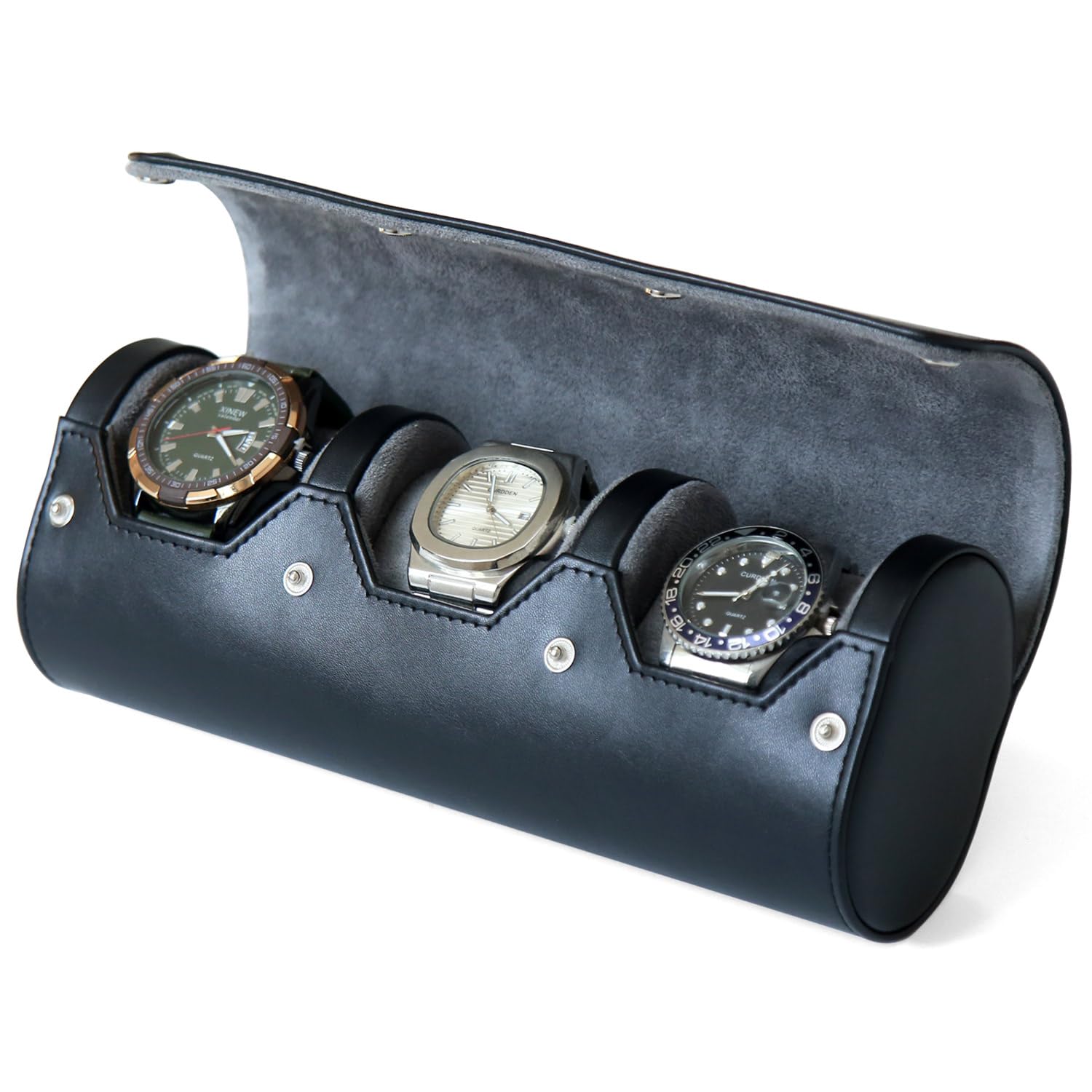 Men's Travel Watch Box Organizer - 3 Watch Storage with Velvet for Home & Travel (Black)