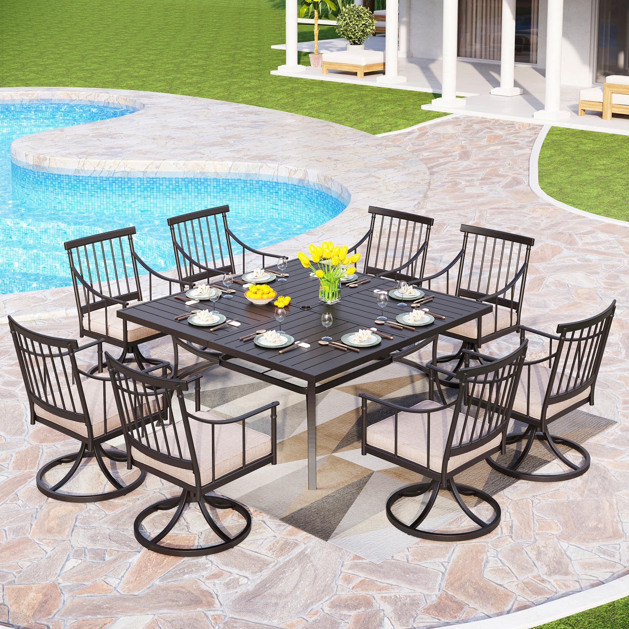 PHI VILLA 2-Piece Swivel Rocking Chair Set with Cushions - Outdoor Patio Dining Chairs for Garden, Backyard, Bistro & Balcony - Beige Weather-Resistant Rocking Furniture for Relaxing & Entertaining