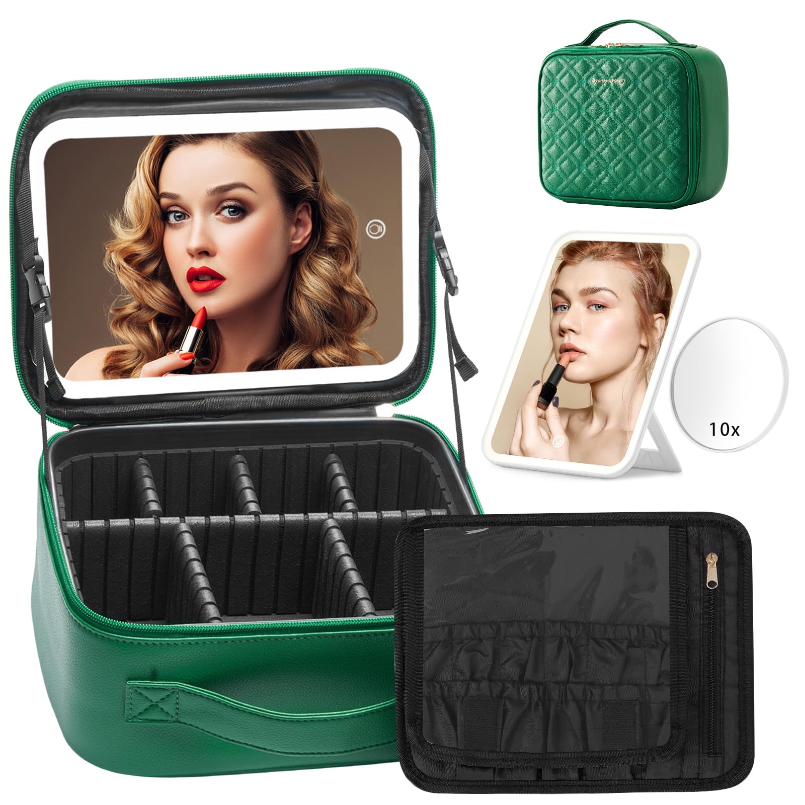 Omobolanle LED Lighted Makeup Train Case with Detachable Mirror & Adjustable Dividers - 10X Magnifying Mirror, Portable Cosmetic Organizer for Travel, Home & Professional Makeup Artists | Green