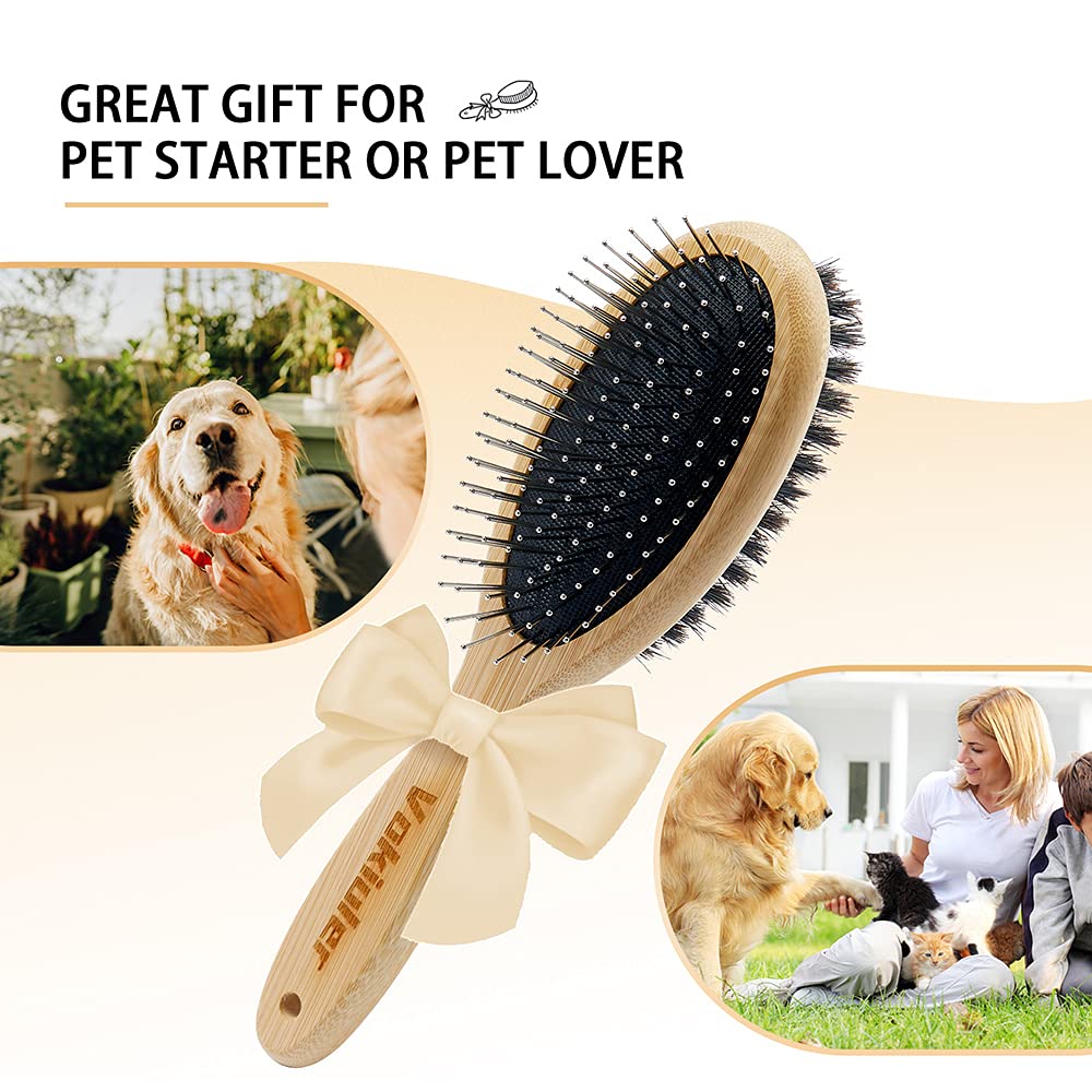 Double Sided Dog Brush & Cat Brush - Boar Bristle & Pin Pet Grooming Brush for Shedding Control - Bamboo Handle for Long & Short Hair - 4 Pack Dog Comb Set (Black & Yellow) - Perfect for Daily Pet Grooming & Coat Maintenance at Home