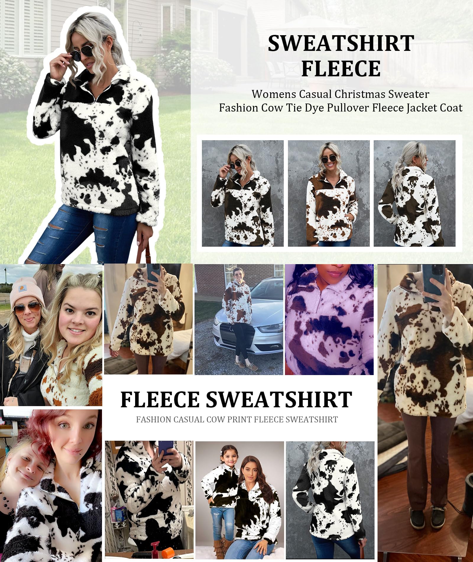 EARKOHA Women's Plus Size Long Sleeve Fleece Jacket with Zip Collar & Cow Print - Cozy Casual Outerwear for Fall, Winter, and Everyday Wear
