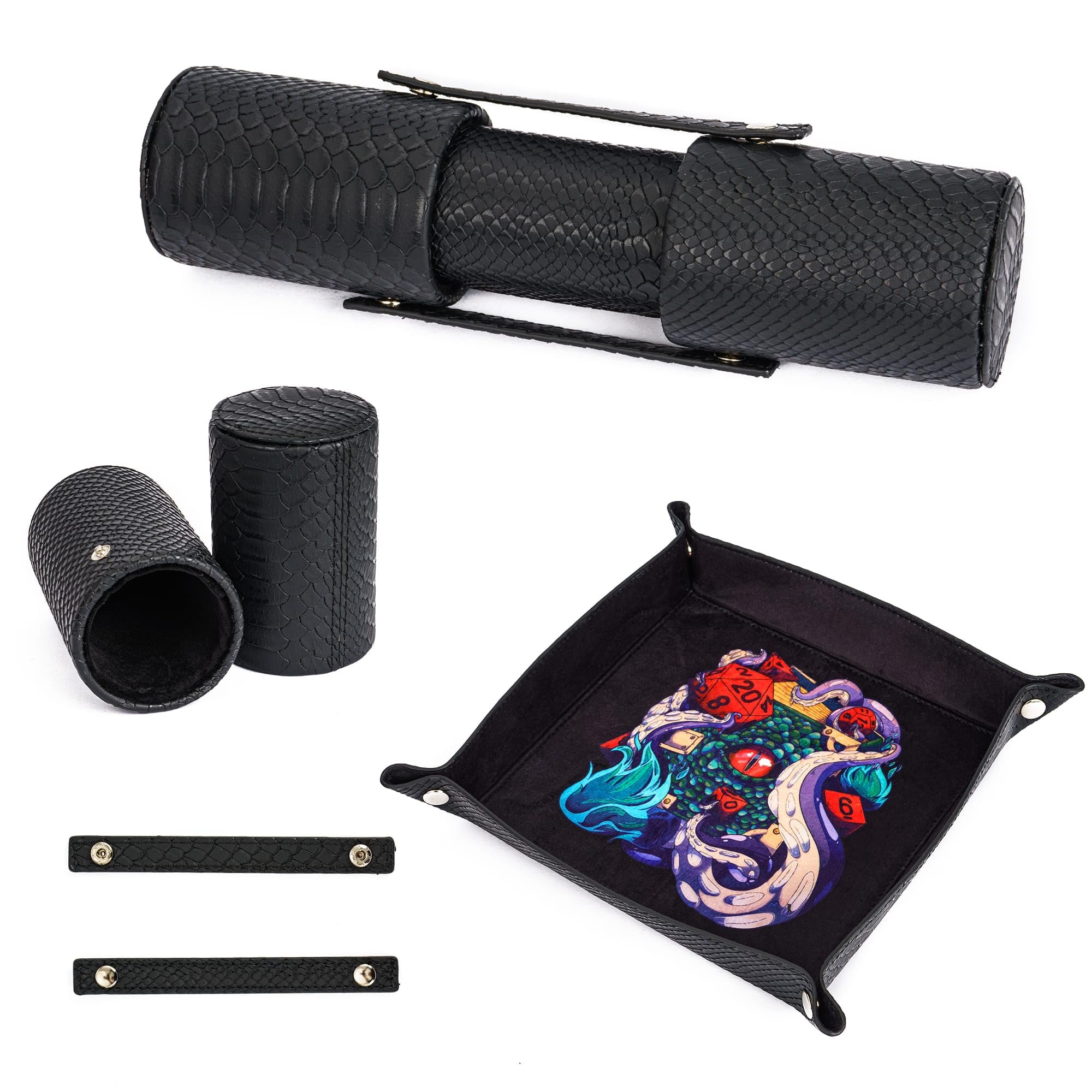 3-in-1 PU Leather DND Dice Tray with 2 Dice Cups - Portable Folding Dice Rolling Tray for Dungeons & Dragons, RPG Board Games, MTG, Pub Party Games - Perfect for Tabletop Gaming, Game Nights & Travel