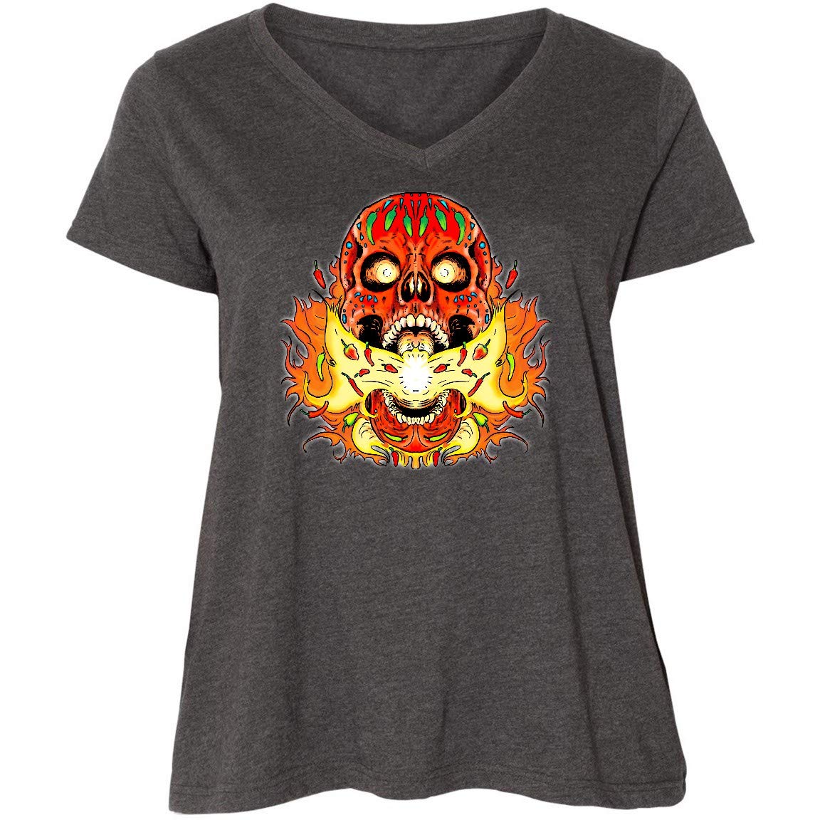 inktastic Fire Breathing Pepper Skull Women's Plus Size V-Neck T-Shirt for Casual Wear, Concerts, and Gothic Fashion