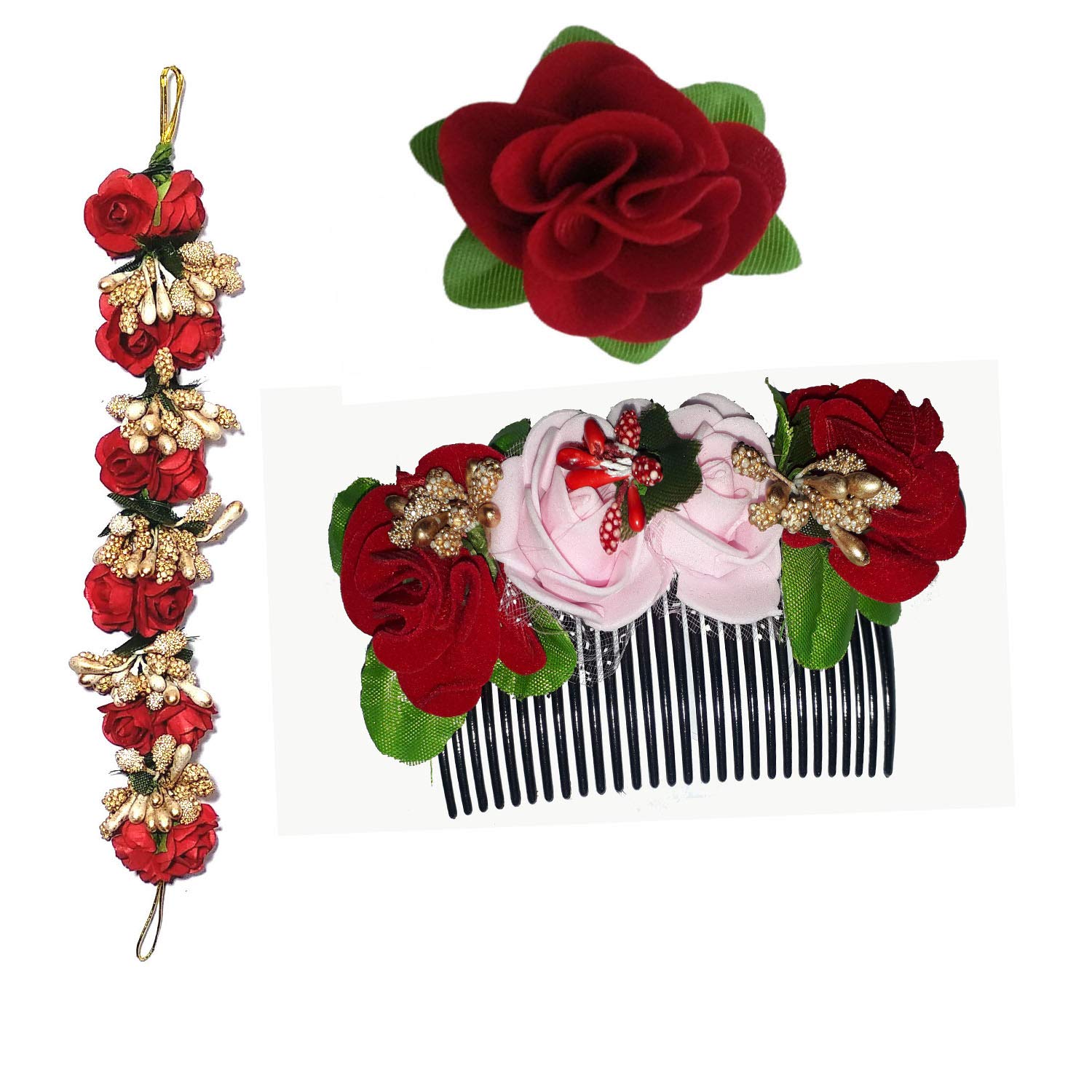 AROOMAN 3-Piece Red Hair Accessories Set for Women - Floral Hair Gajra, Hair Flower Pin & Comb | Bridal, Party, Wedding Hairstyle Decorations