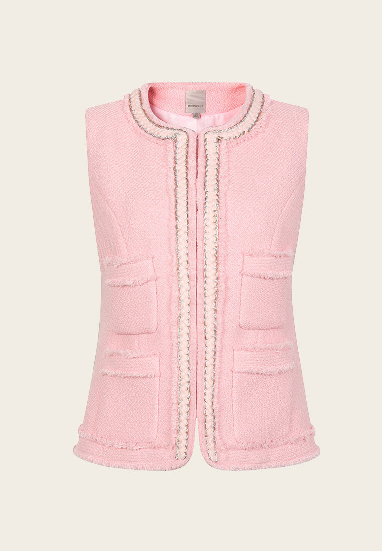 Elegant Pink Embellished Tweed Vest for Women - Fashionable Layering Piece for Office, Parties & Fall Outfits