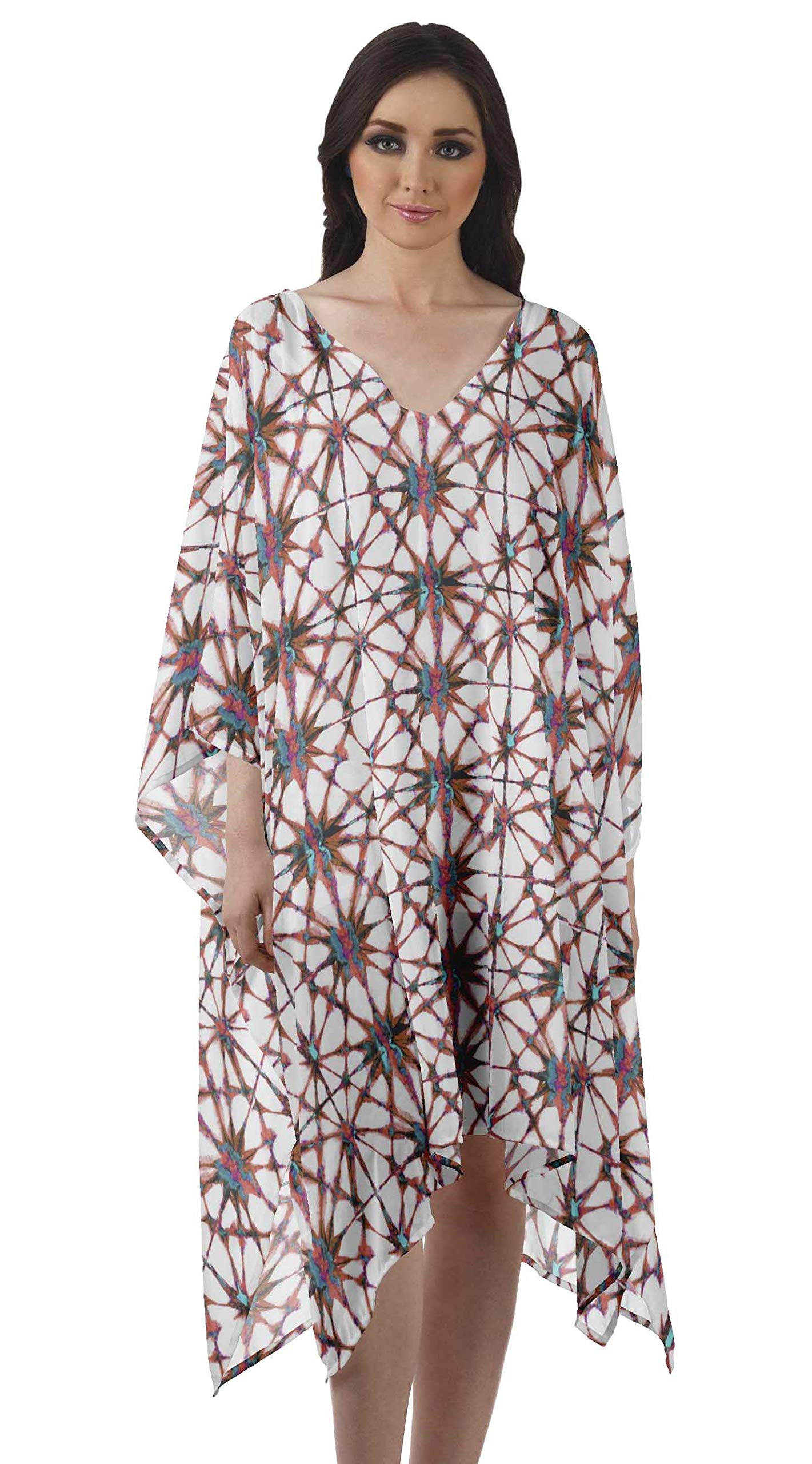 Moomaya Women's Georgette Short Beach Kaftan Cover Up - Flowy Bikini Coverup Dress for Summer, Swimwear Dress for Pool, Beach Vacation & Resort Wear