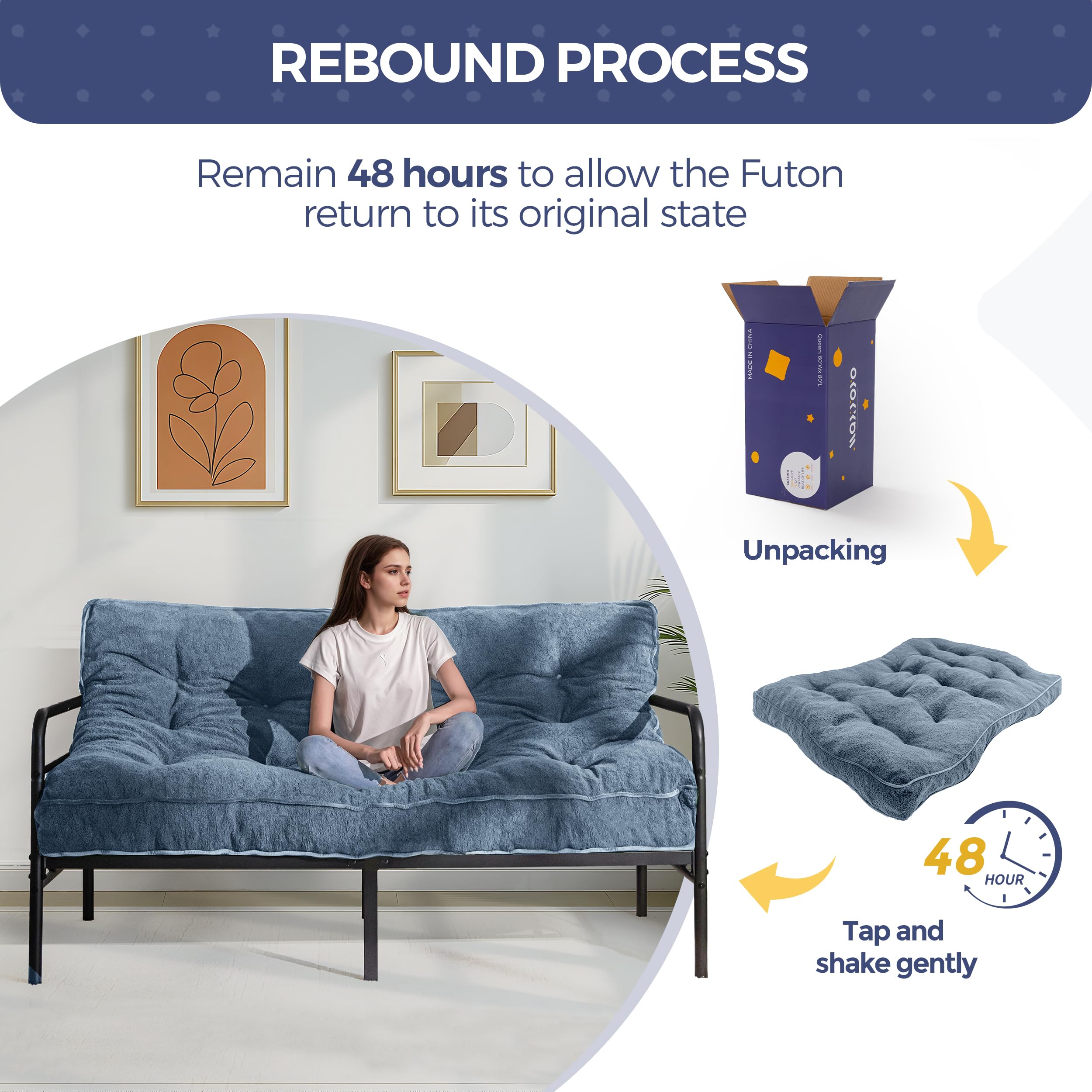 MAXYOYO 6 Inch Full Size Futon Mattress - Thick Boucle Sofa Bed with Shredded Foam Filling for Adults, Dusty Blue | Convertible Sleeper, Floor Mattress & Guest Bed Solution (Frame Not Included)