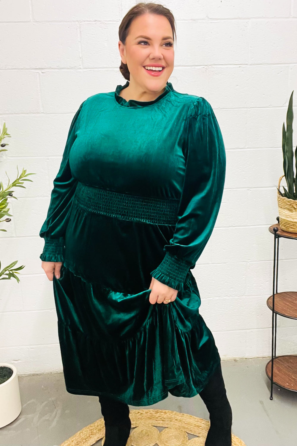 Holiday Dreaming Hunter Green Velvet Mock Neck Smocked Waist Dress for Women - Elegant Holiday Party & Christmas Dinner Outfit