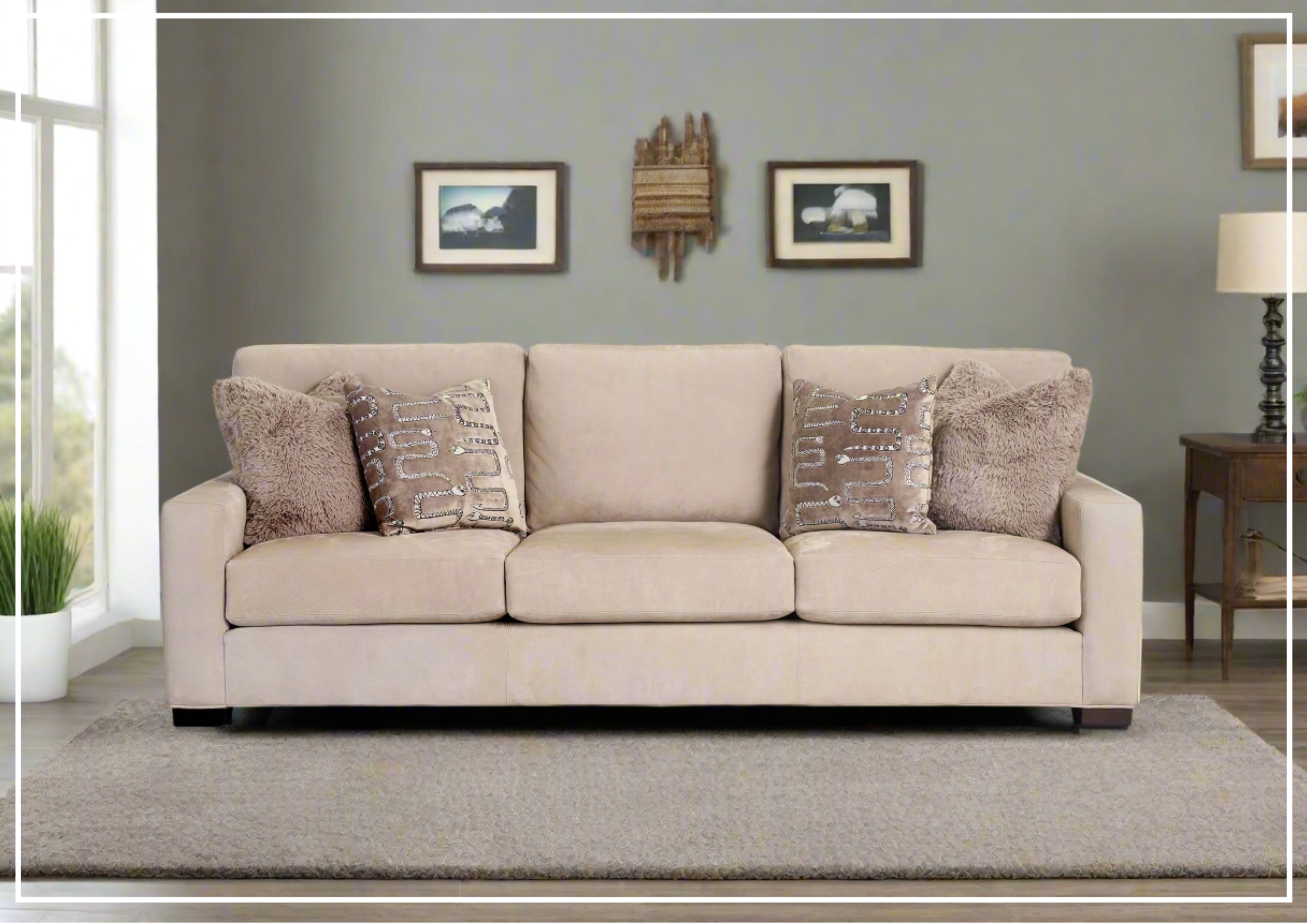 Universal Furniture Hunter Leather 3-Seater Stationary Sofa in Beige with Boxed Legs - Premium Living Room Couch for Home & Office Comfort
