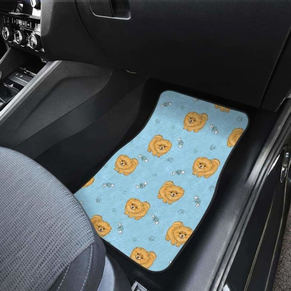 Premium Brown Cute Pomeranian Dog Car Mats - Non-Slip Front & Back Seat Cover with Blue Black Background - Perfect for Pet Lovers & Car Enthusiasts (Model 195016) - Great for Road Trips, Daily Commutes & Protecting Your Vehicle Interior