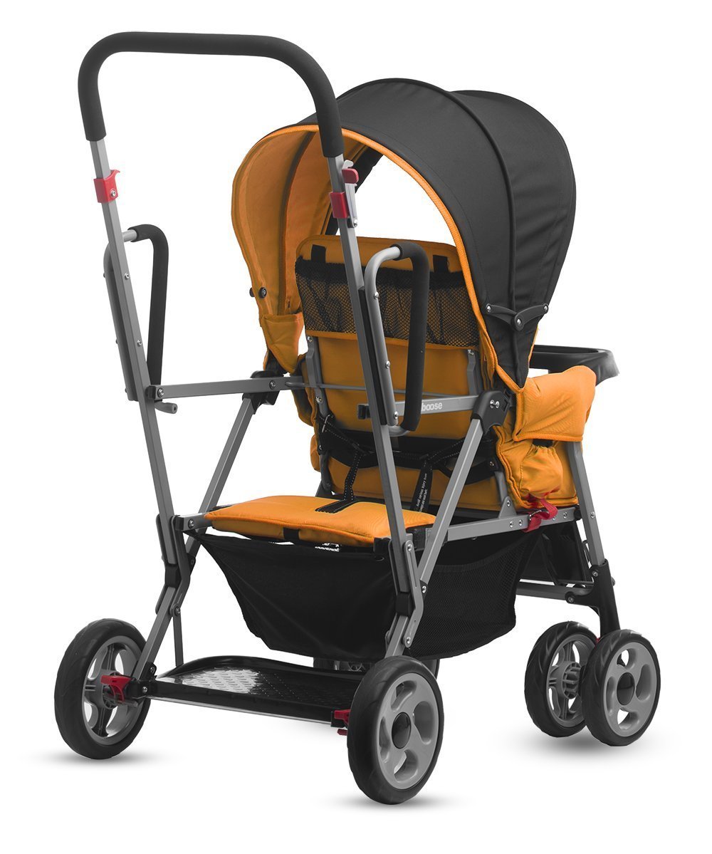 Joovy Caboose Sit and Stand Double Stroller - 3-Way Reclining Seats with Rear Bench & Standing Platform | Universal Car Seat Adapter | Amber | Perfect for Twins, Siblings & Urban Outings