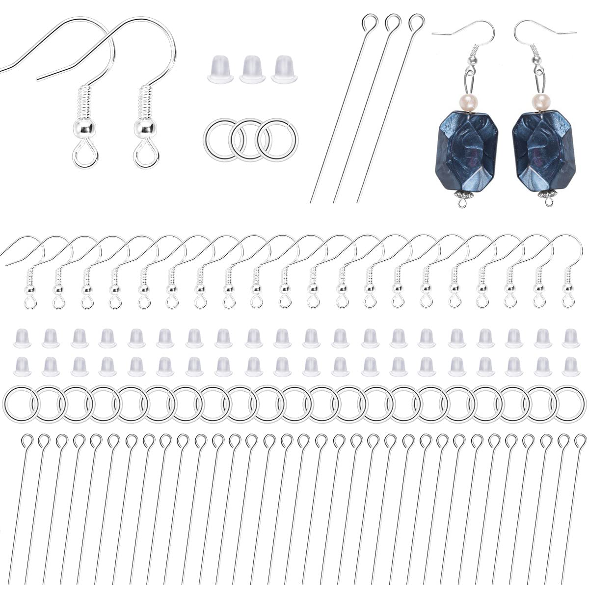 650-Piece DIY Earring Making Kit - 150 Silver Earring Hooks, 150 Silicone Earring Backs, 150 Eye Pins & 200 Open Jump Rings for Jewelry Crafting - Perfect for Handmade Earrings, Gifts & Small Business Supplies