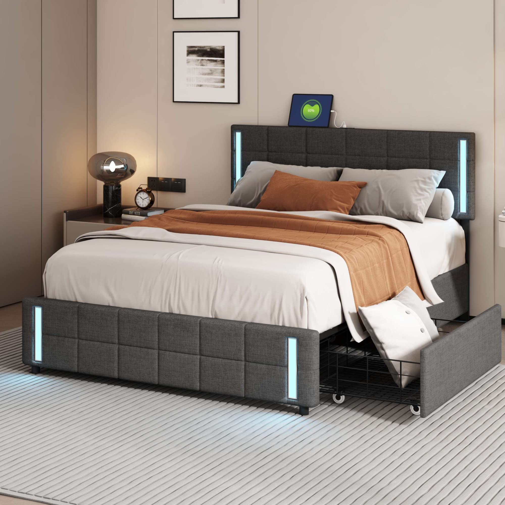 Anwickhomk Queen Size Platform Bed Frame with 4 Storage Drawers, USB Charging Ports & LED Lights - Linen Upholstered Adjustable Headboard, No Box Spring Needed (Dark Gray/Black) - Perfect for Small Bedrooms, Guest Rooms & Modern Apartments with Smart Charging Needs