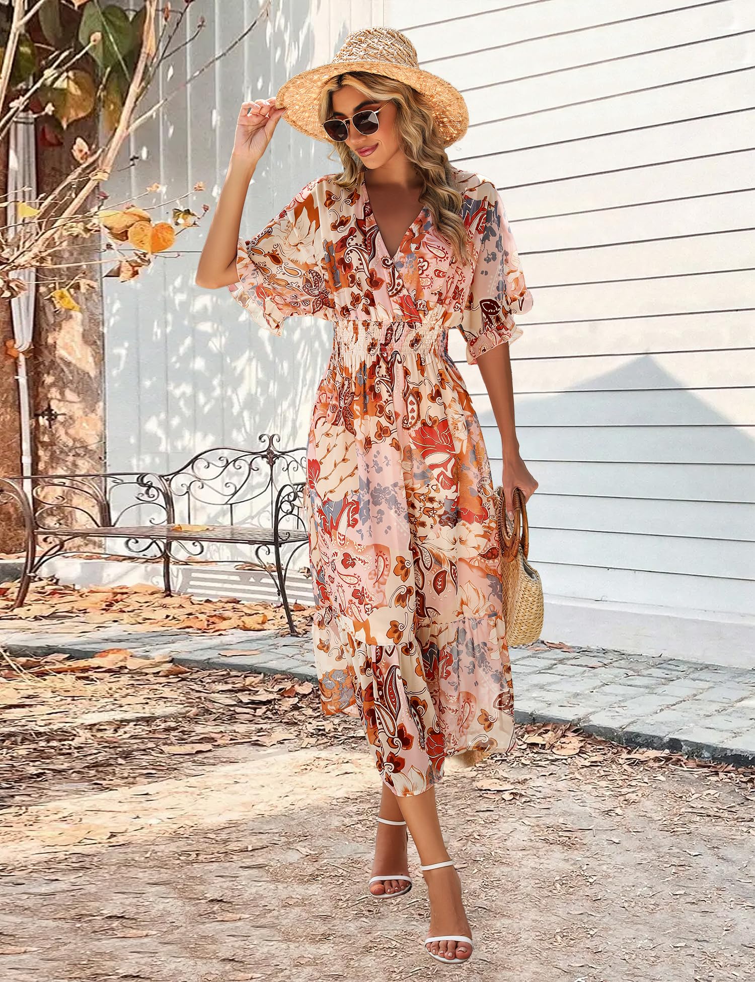 2025 Women's Floral Midi Dress - A-Line Chiffon Boho Casual Short Sleeve Beach Dress for Spring Summer | Perfect for Vacations, Date Nights & Outdoor Parties
